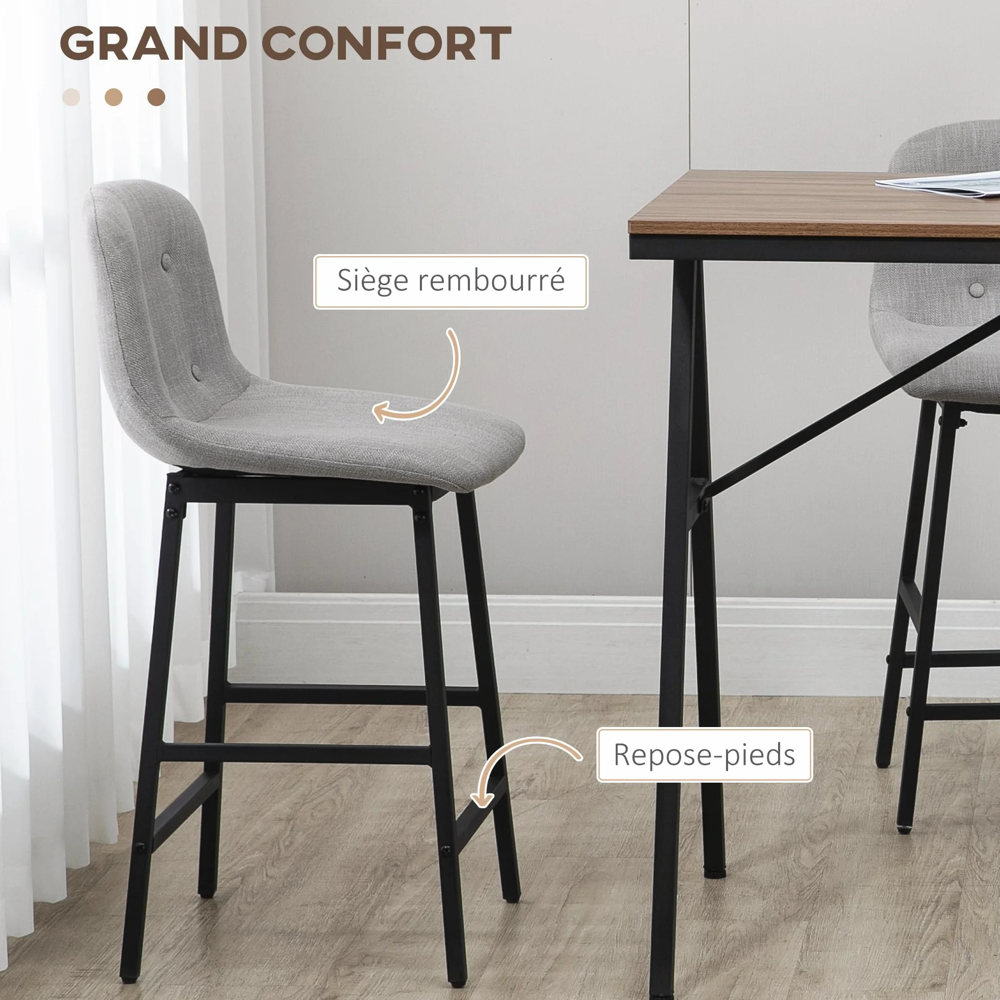 HOMCOM - Conjunto de mesa de bar con taburetes, mesa de comedor de pie con 4 sillas tapizadas, patas de acero, estilo industrial, mesa alta bar y 4 taburetes para comedor, cocina, color gris claro