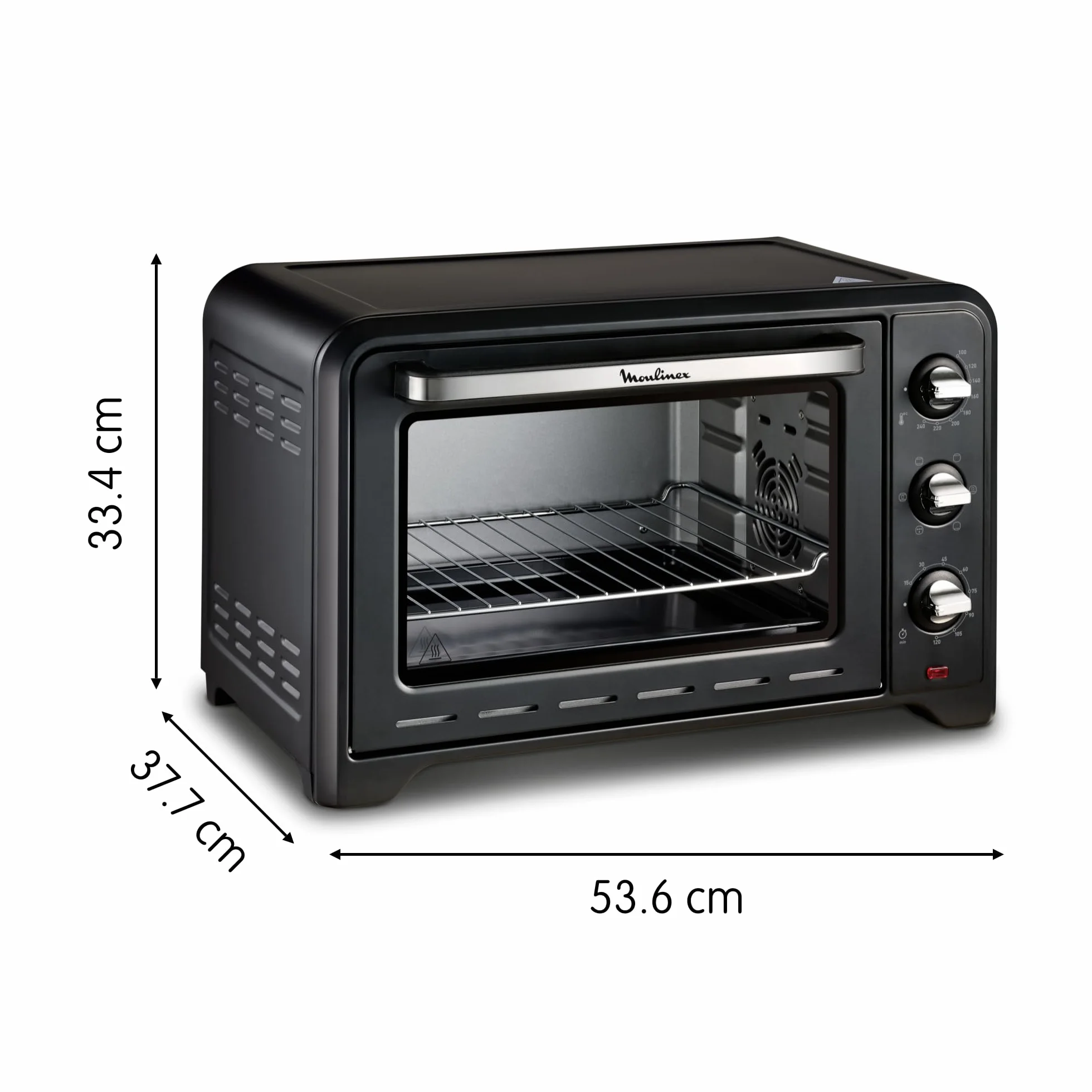 Moulinex - Horno posable 33 L, calor giratorio, convección de punta, 6 modos de cocción, termostato ajustable hasta 240 °C, temporizador 120 min, rejilla reversible, manoplas de silicona, Optimo Negro