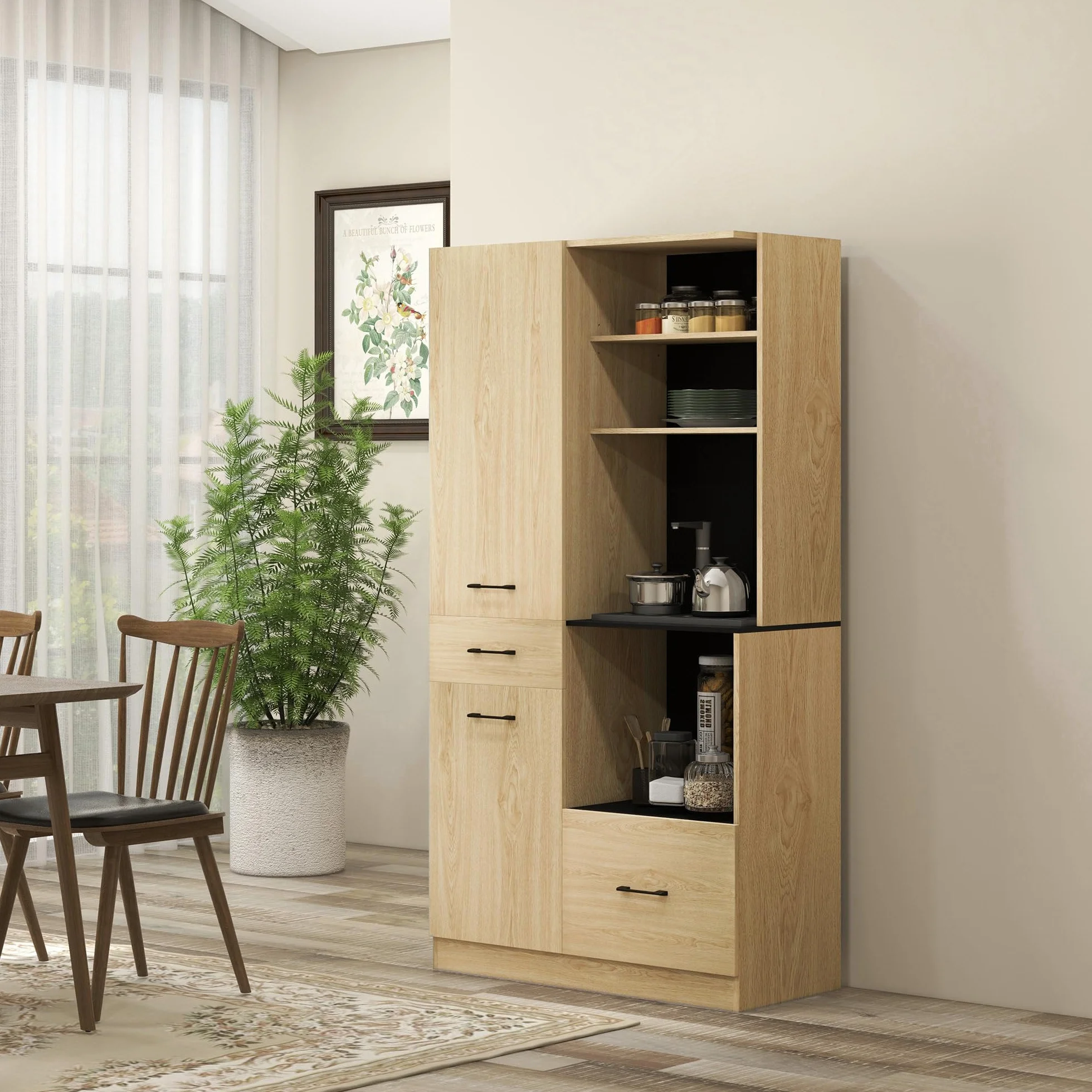 HOMCOM Alacena Moderno de Cocina con 2 Cajones, 2 Armarios y 4 Estantes Abiertos - Mueble Buffet para Comedor y Salón - 90x40x170 cm - Roble y Negro