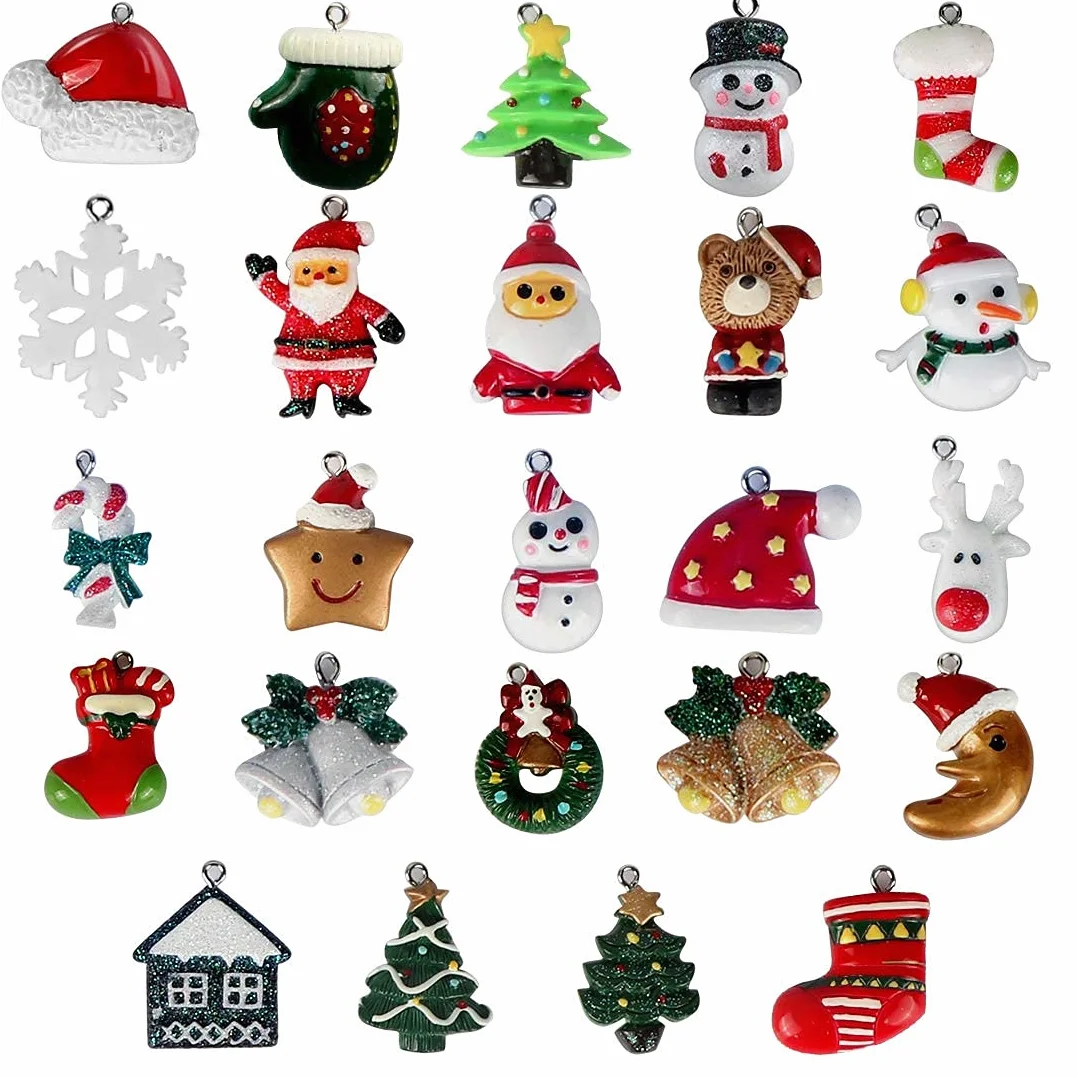 24 Piezas Mini Adornos Navideños Resina Papá Noel Árbol Navidad Muñeco Nieve Reno Colgantes Decoración