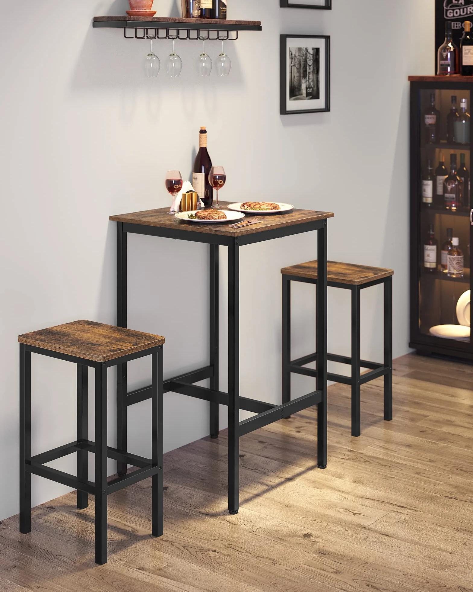 VASAGLE Mesa de Bar, Mesa Alta Cuadrada, Marco de Acero Resistente, 60 x 60 x 92 cm, FÁcil de Montar, para Sala de Estar, Cocina, Estilo Industrial, MarrÓn RÚstico y Negro LBT25X