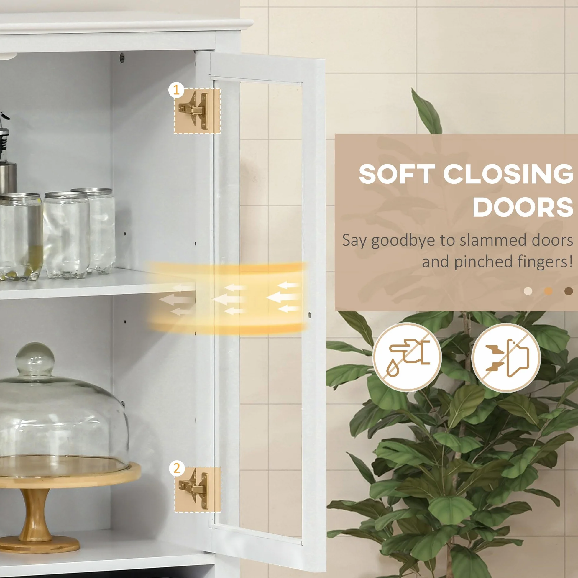 HOMCOM Alacena de Cocina Armario de Cocina con 1 Cajón 2 Estantes Ajustables y 4 Puertas de Vidrio Templado Diseño Clásico para Salón Comedor 74x35,5x181,5 cm Blanco