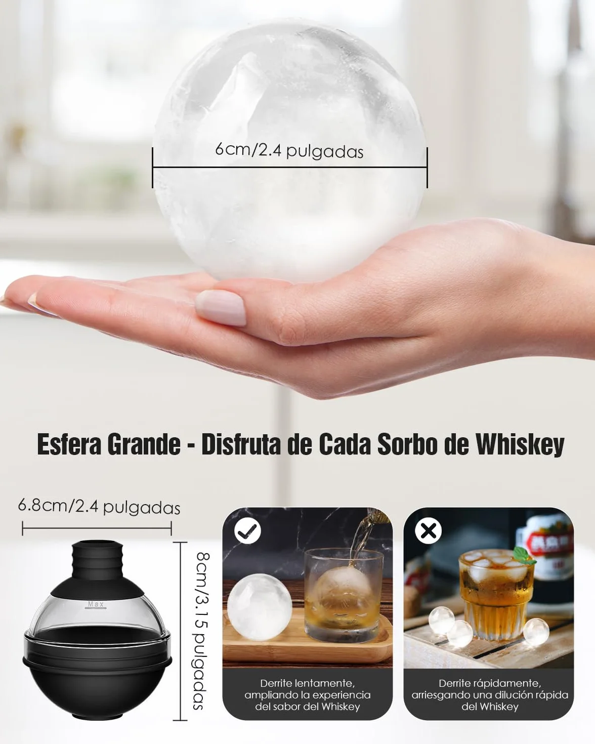 Bandeja de Hielo Circular Reutilizable 6 cm para Cubitos de Hielo con Tapa de Embudo - Cubiteras Grandes Redondos para Whisky, Cócteles y Vino (4 pcs)