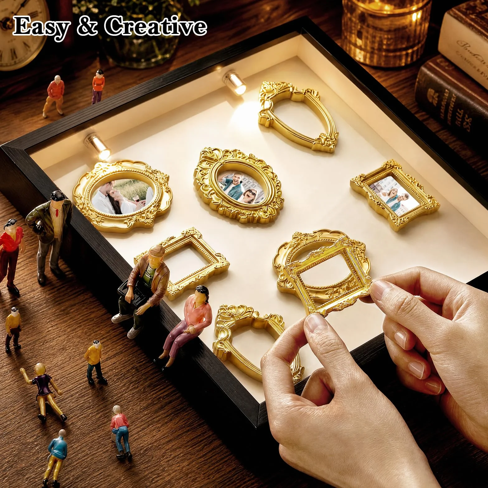 Museo en Miniatura DIY 25 x 25 cm, Mini Museo Fotos con Mini Marcos, Figuras de Personas y Luz LED, Kit de Shadow Box como Regalo para el Día de San Valentín, Aniversario, Cumpleaños, Decoración