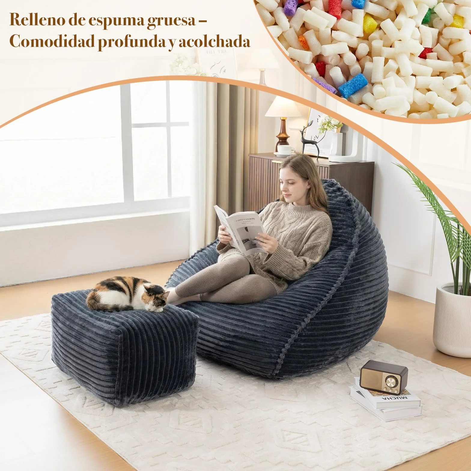 Vamcheer Puf para Adultos con Taburete, Mullido, Tejido De Franela Ultrasuave, Silla con Relleno De Esponja, XXL, Color Gris, Estable