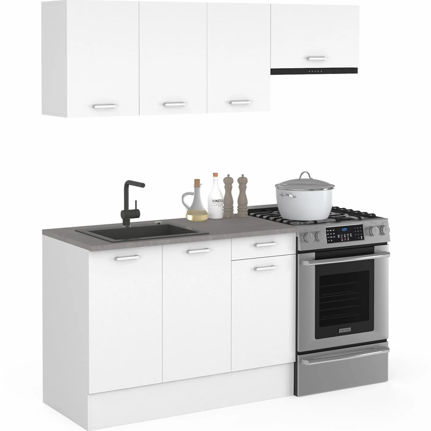 IDMarket - Cocina completa 180 cm sutil con encimera 5 elementos blanco y bandejas de hormigón