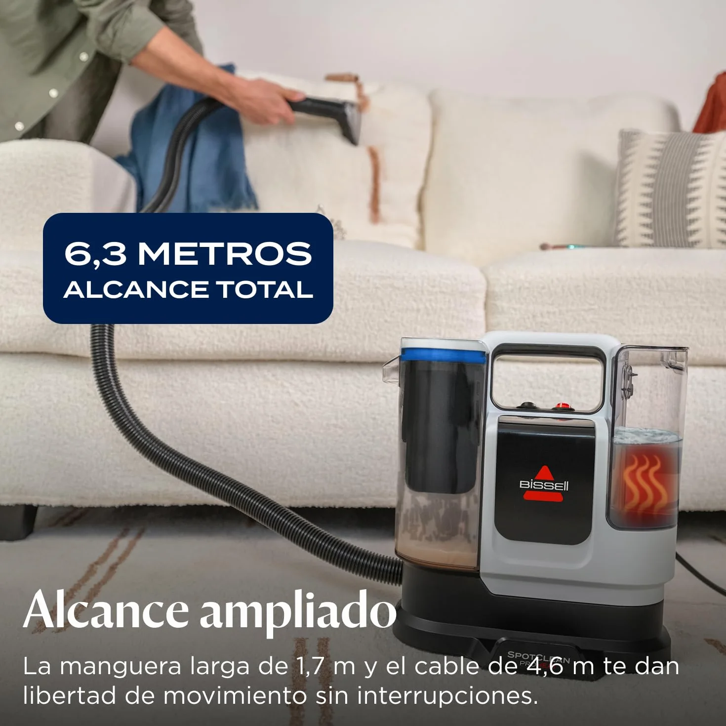 BISSELL SpotClean ProHeat Advanced, Aspiradora de agua tapiceria, limpia tapicerias multisuperficie compacta, Potente 1125W, Sistema triple limpieza profunda para manchas difíciles, Con cable, 3924N