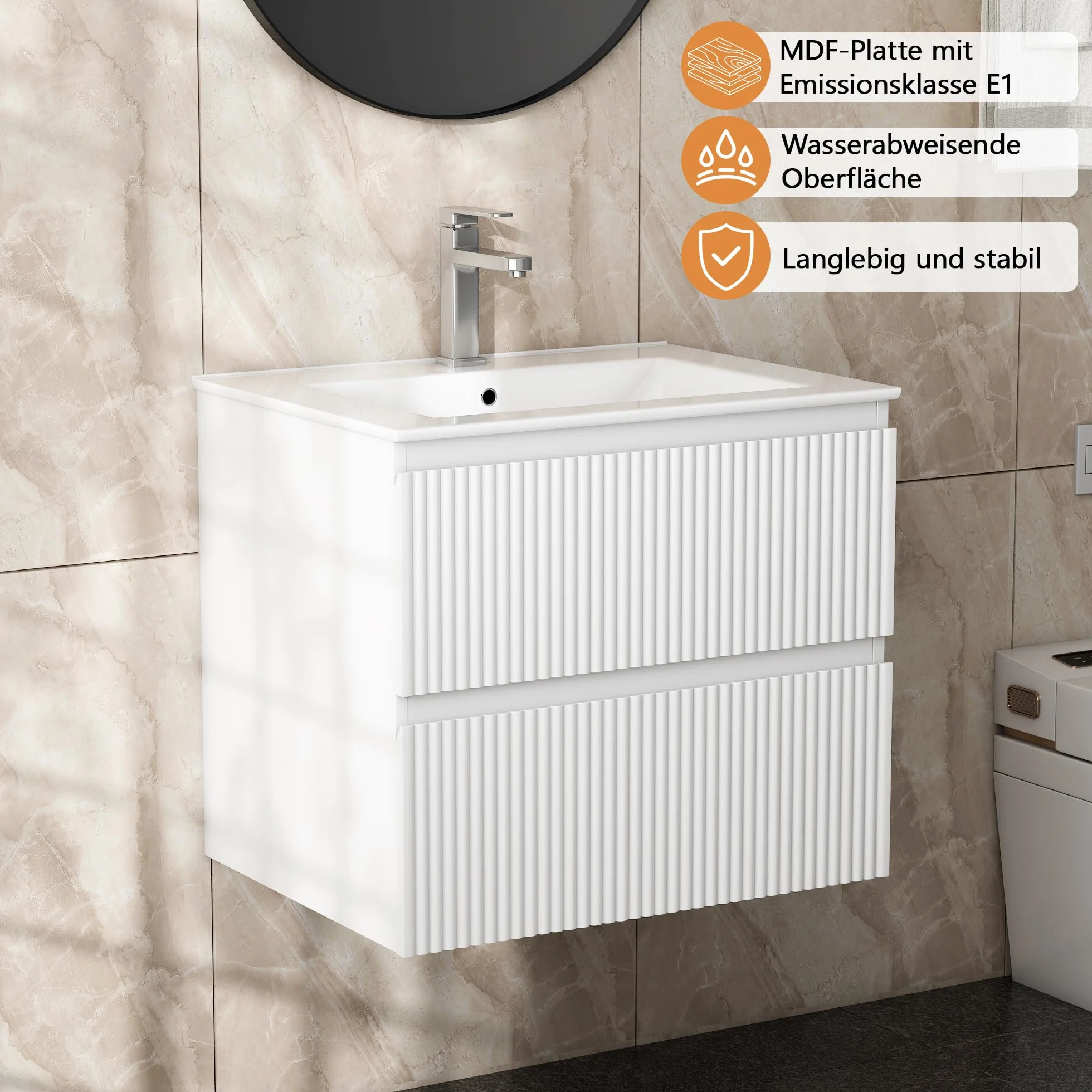 Mueble de Baño Suspendido 60 cm con Lavabo de Cerámica y 2 Cajones Profundos | Panel con Acabado Estriado Vertical, MDF E1 Antihúmedo, Blanco