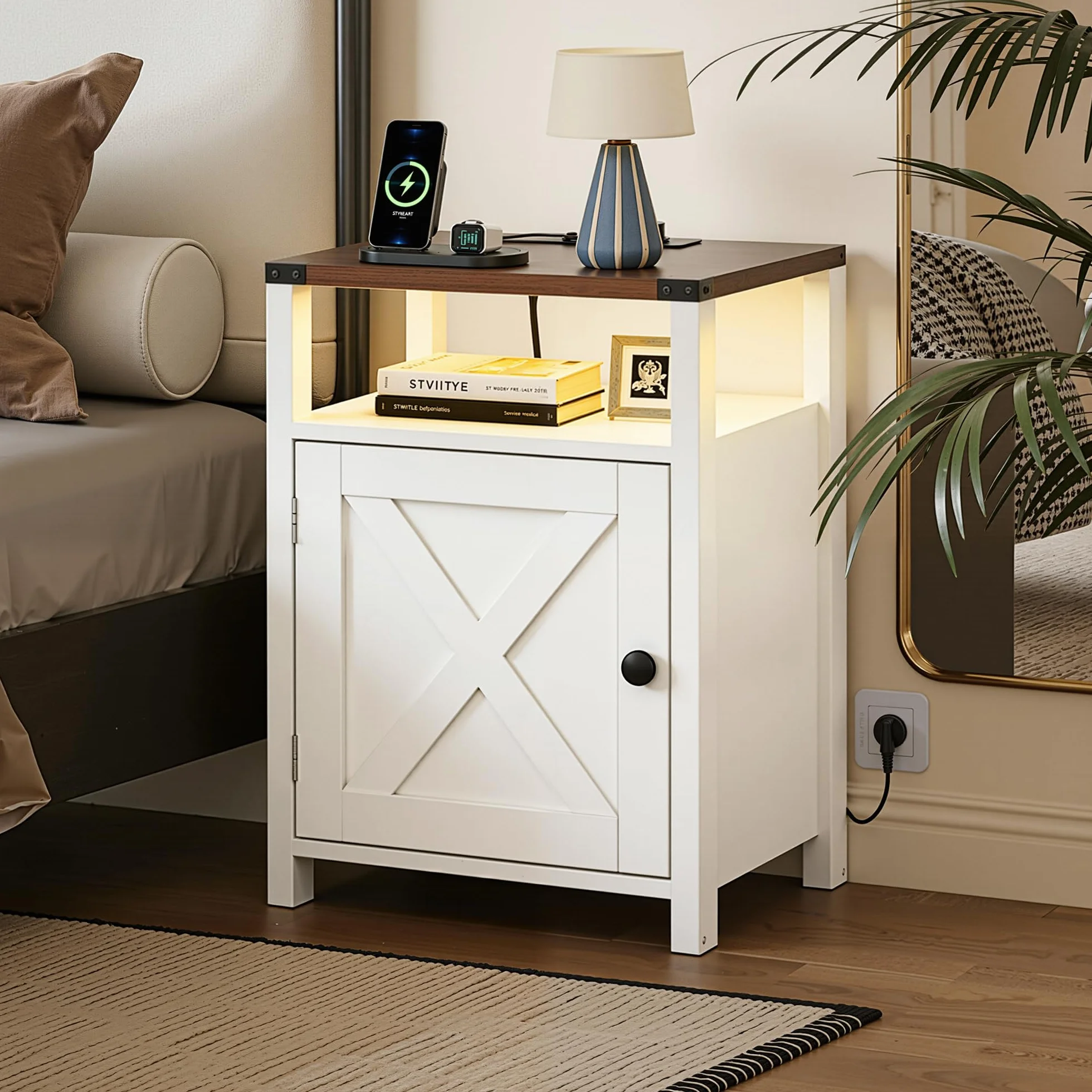 BonVache Juego de 2 Mesitas de Noche, con iluminación LED y enchufes, Color Ajustable, Puerta de Gran Capacidad y Compartimento Abierto, para Dormitorio, Salón