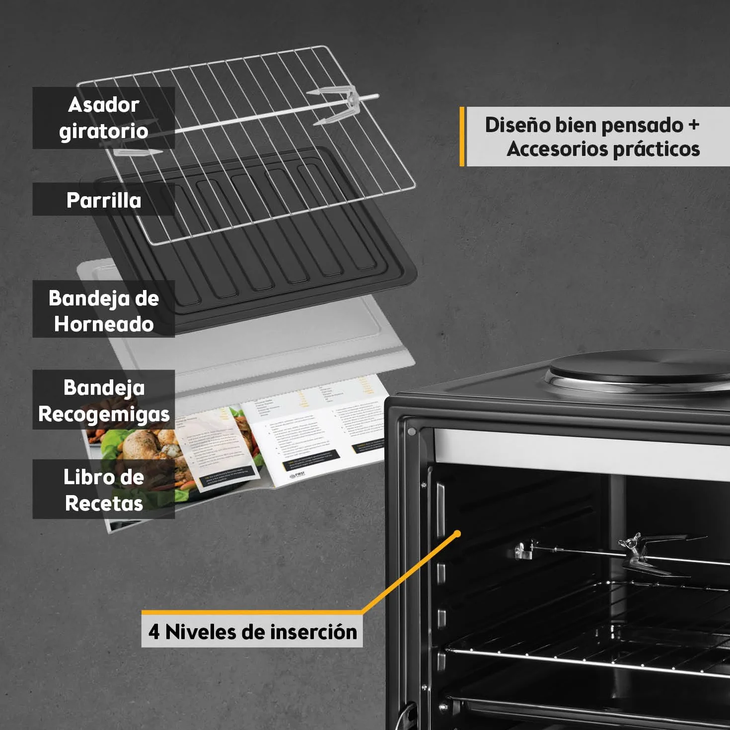First Austria Mini Horno 45L 3200 W con Quemadores para Pizza 230°C Revestimiento Antiadherente Multihorno 4 Alturas