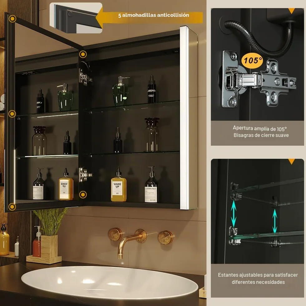 KWW LED Botiquín Baño Espejo Temperatura Color Ajustable Luz Antiniebla Enchufe USB Montado Pared 55x70