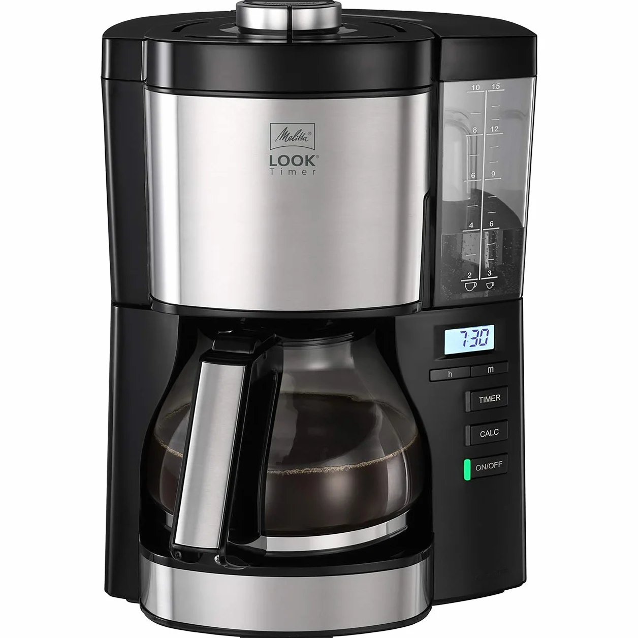 Melitta Look V Timer 1025-08, Cafetera Goteo, AromaSelector, Moderna, Cafetera Programable, Depósito de Agua Extraíble, Protección 3 en 1 Anti Cal, 1,25 Litros, 10 Tazas, Filtros 1x4, 1080W, Negro