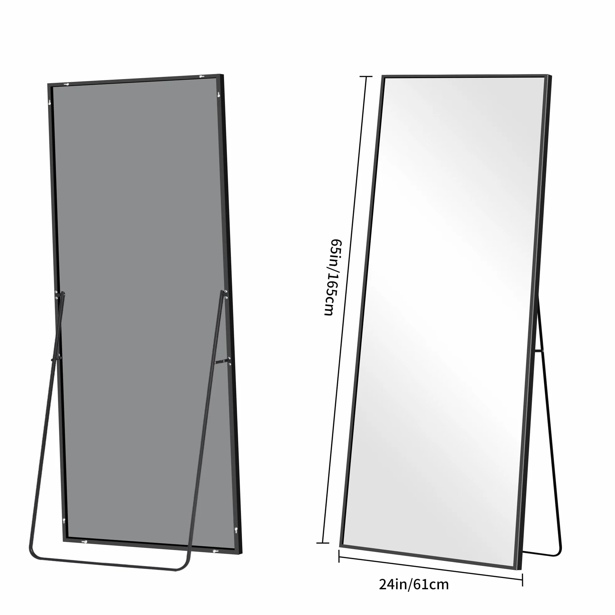 BONEWEI Espejo de Pie 165 x 60 cm, Espejo Rectángulo de Cuerpo Entero con Marco de Aluminio Negro, Espejos Grandes de Pared Inclinado o Colgante para Salón, Dormitorio, Entrada