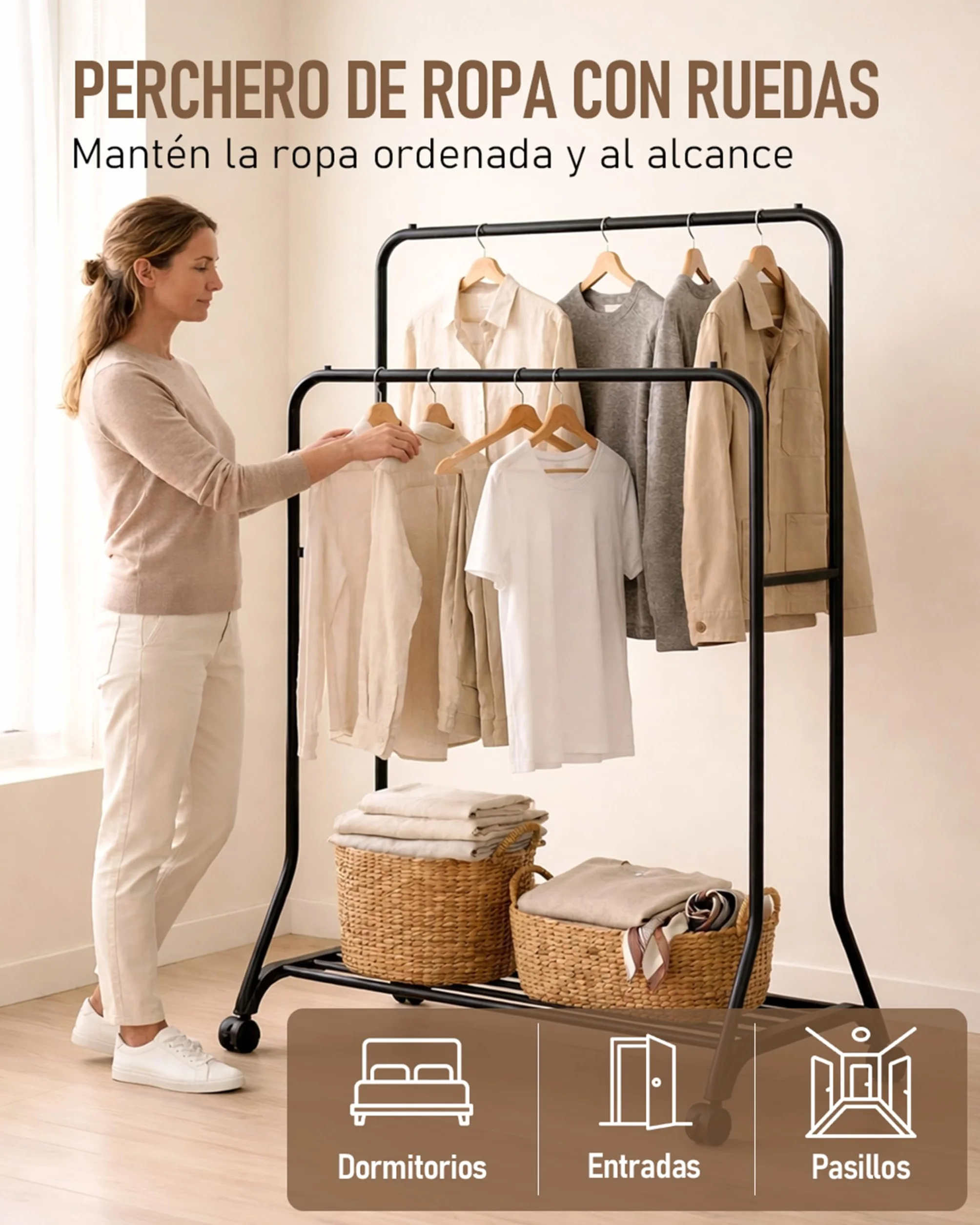 Perchero Metálico para Ropa con Ruedas 2 Niveles y Base Inferior Negro