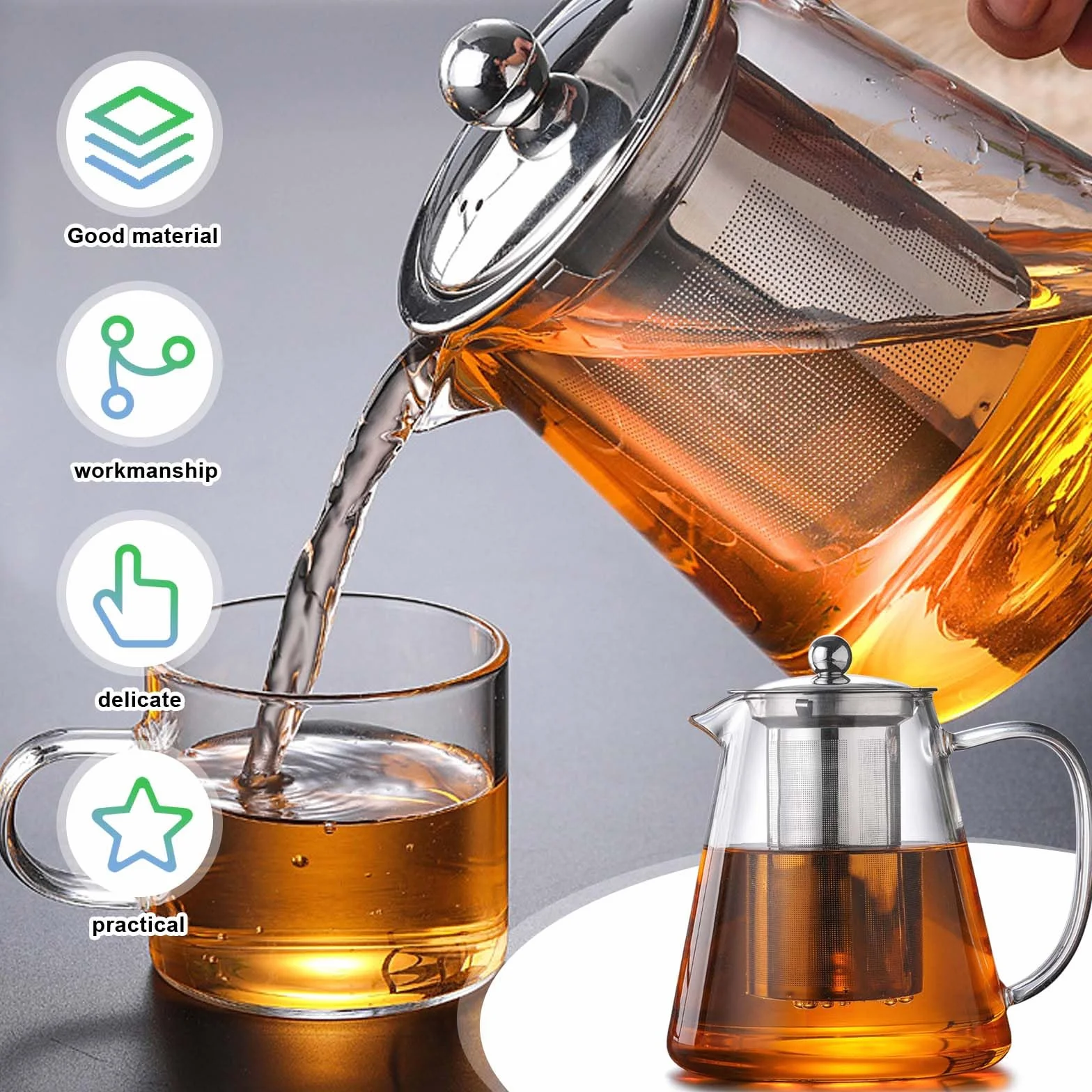 Tetera con colador y tapa, 1300 ml, tetera de vidrio borosilicato, tetera de cristal con filtro extraíble, tetera de cristal, resistente al calor, para té suelto, té de fruta, té perfumado
