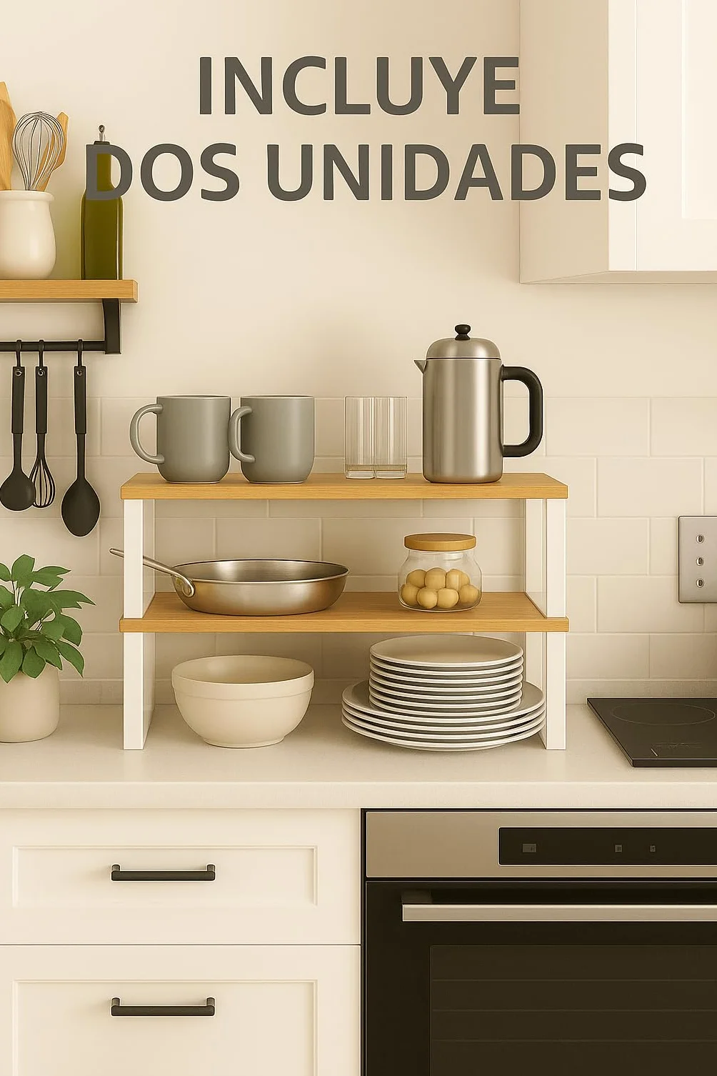 Estante de Cocina Organizador, Juego de 2, Soporte Apilable de Armario y Encimera, Estantería de Almacenamiento de Metal y Madera Técnica, Blanco