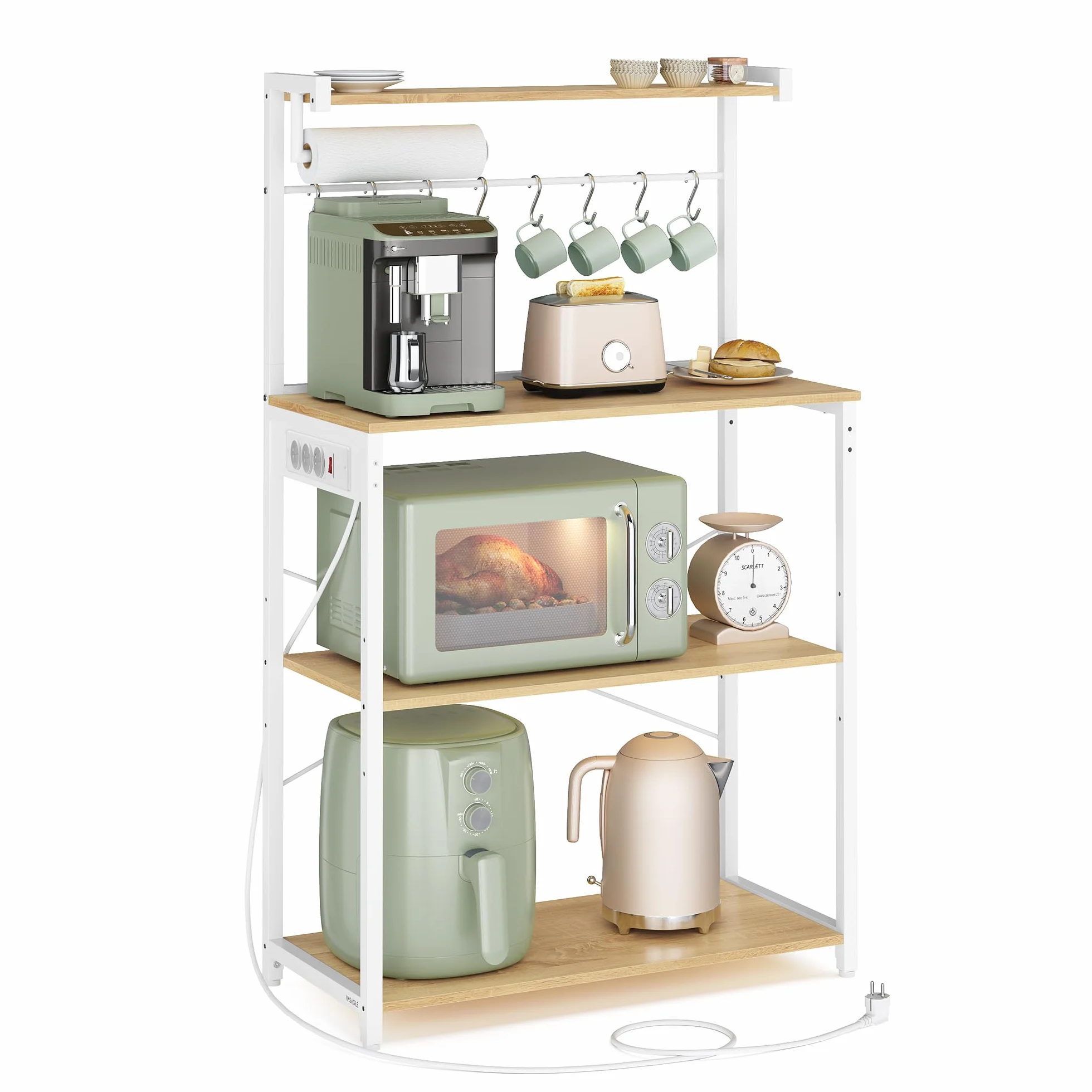 VASAGLE Estantería de Cocina con Enchufe Múltiple, Barra de Café de 4 Niveles con Estante Ajustable, 8 Ganchos S, Soporte de Microondas, 40 x 45 x 140 cm, Roble Dorado y Blanco Nube KKS013YA05