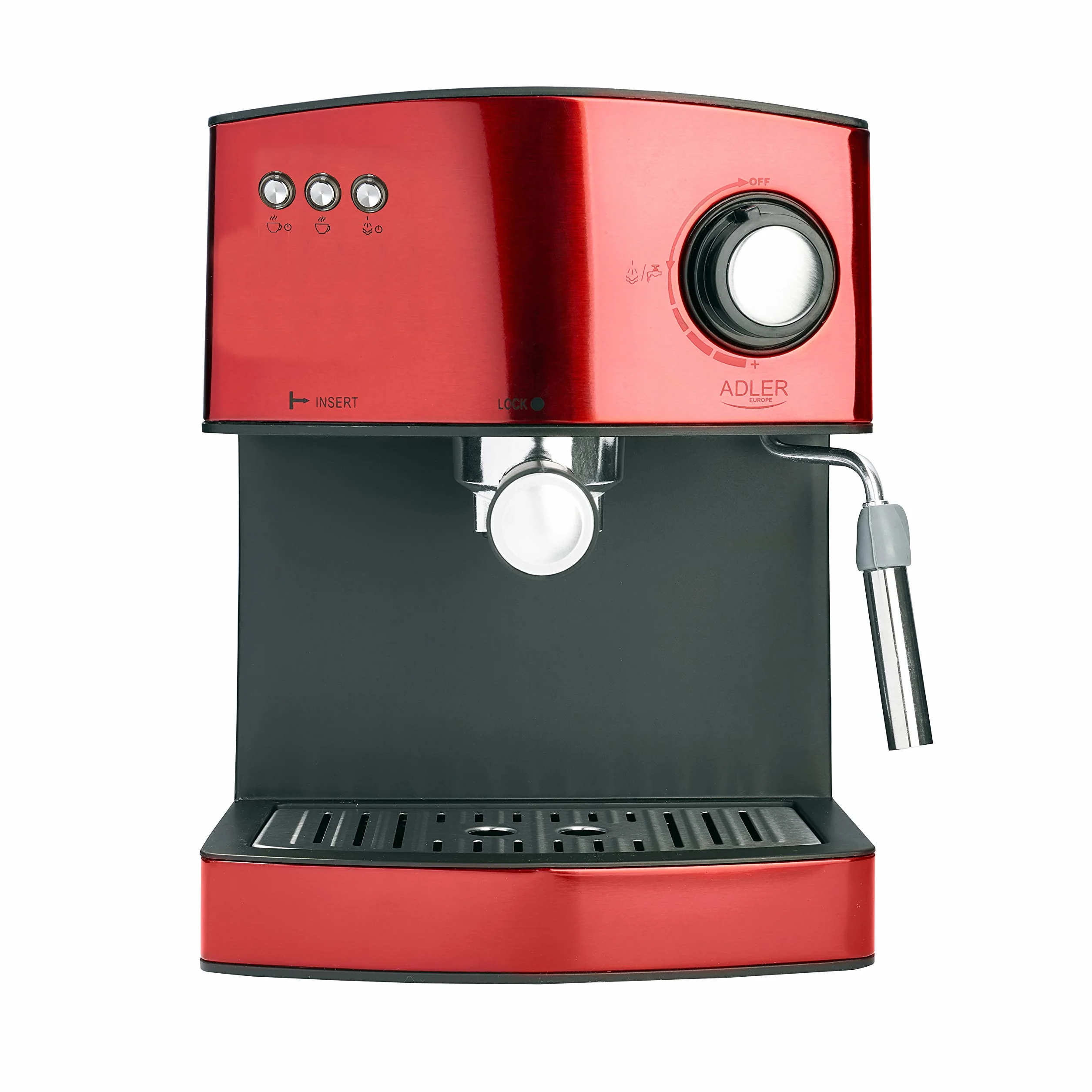 ADLER AD 4404R Cafetera Espresso Automática 15 Bares, Depósito 1,6 L, para Preparar Café Latte, Espresso y Capuccino, Vaporizador para Espumar Leche, Calienta Tazas, Color Rojo, 850W