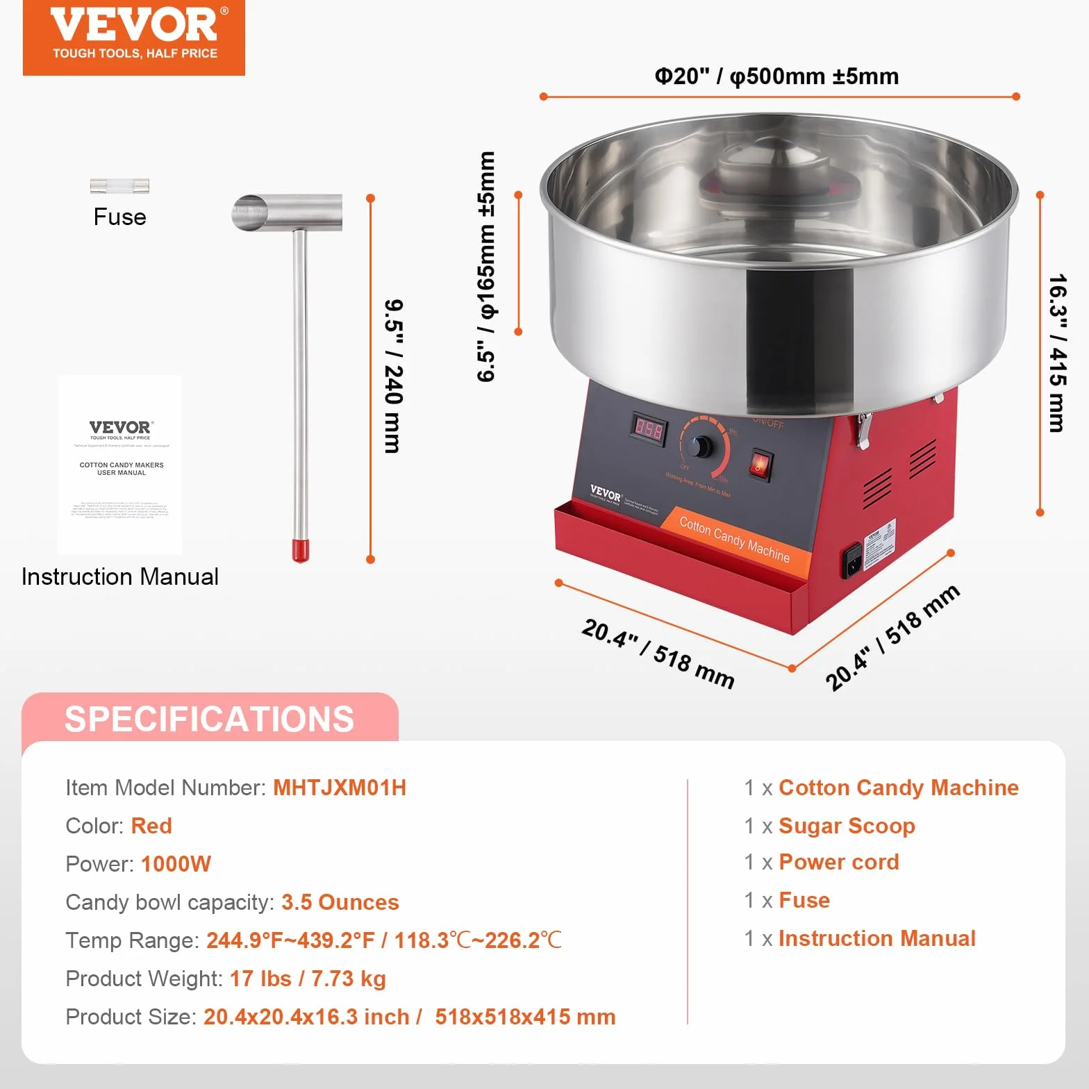 VEVOR Máquina Eléctrica de Algodón de Azúcar, Máquina de Algodón de Azúcar de 1000 W, Máquina Comercial de Algodón de Azúcar con Tazón de Acero Inoxidable y Cuchara de Azúcar, para el Hogar, Rojo