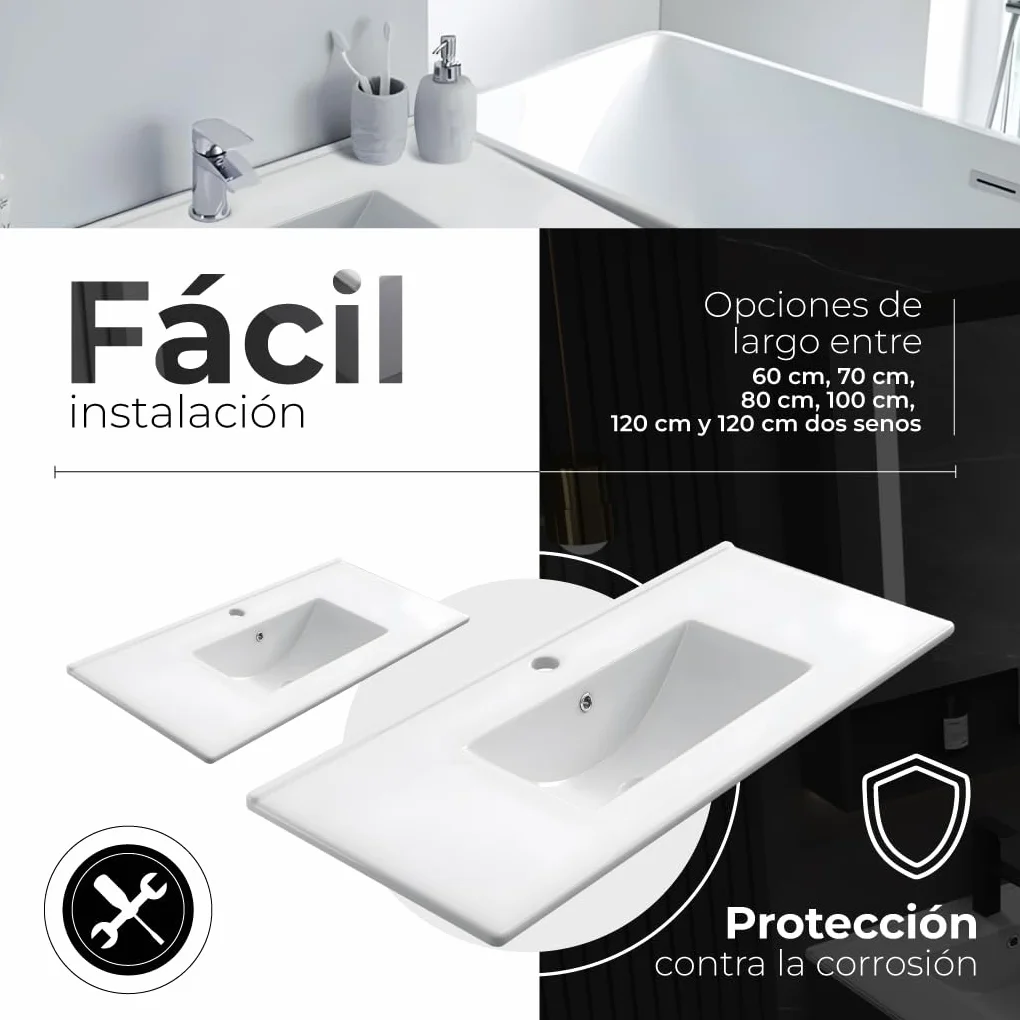 Encimera de Porcelana Blanca Brillante – Diseño Minimalista y Elegante, Esmalte, Antibacteriana, Fácil de Limpiar, Resistente y Duradera – Varias Medidas (46 x 81 Cm)