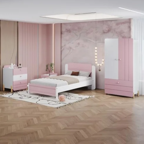 Dolamaní Juego completo de muebles para habitación juvenil, cama individual de 90 x 200 cm, mesita de noche con 3 cajones, 1 cajón, armario, cama, para niños y niñas (rosa)