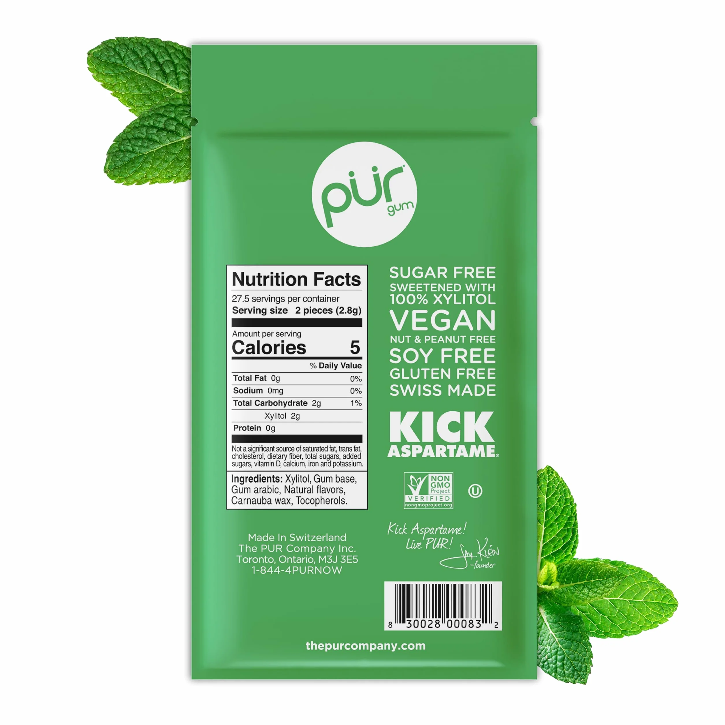 PUR Gum Chicle Sin Azúcar 100% Xilitol Vegano Sin Gluten Apto Para Diabéticos Sabor Natural Spearmint 55 Piezas