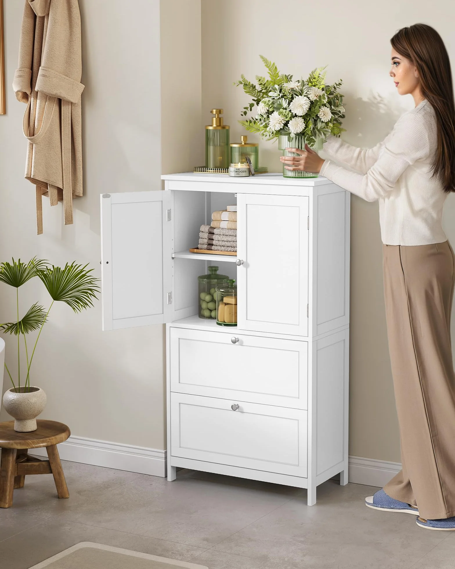 VASAGLE Mueble de Baño Armario de Cocina y Almacenaje con 2 Cajones y 2 Puertas, Estante Ajustable 30x60x110 cm Blanco
