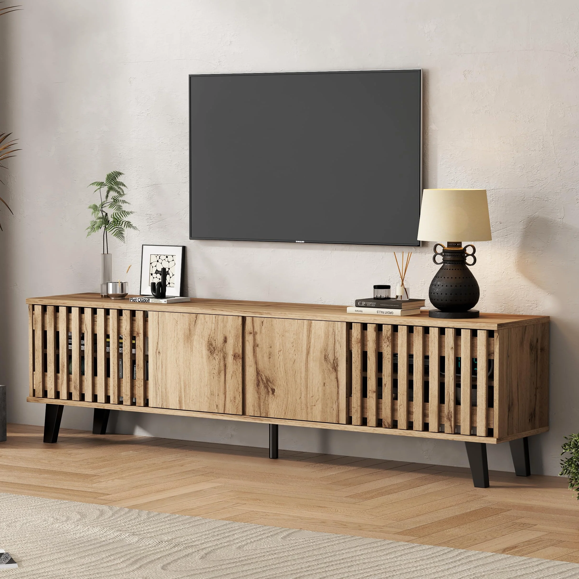 Mueble para TV de 180 x 40 x 55 cm, color madera original, 8 estantes separados, soporte para TV, consola de TV, centro de entretenimiento para televisores de 70 pulgadas, apto para sala de