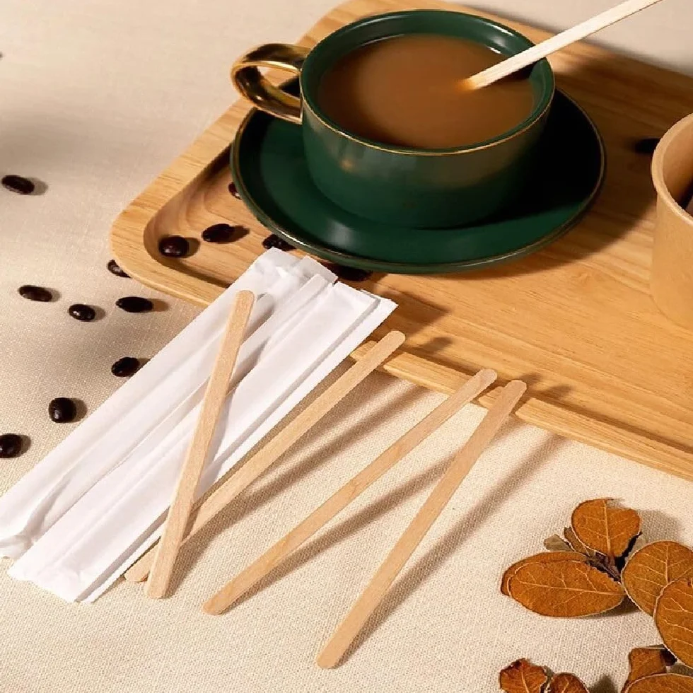 500 Paletinas de Madera envueltos Individualmente en Papel de 11 cm. Palitos de café Desechables, Palitos removedores de café biodegradables. Agitadores de café.