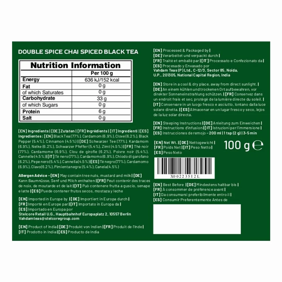 VAHDAM Té Chai Masala Doble Especia 100 g 50 tazas Fuerte Picante Ingredientes Naturales