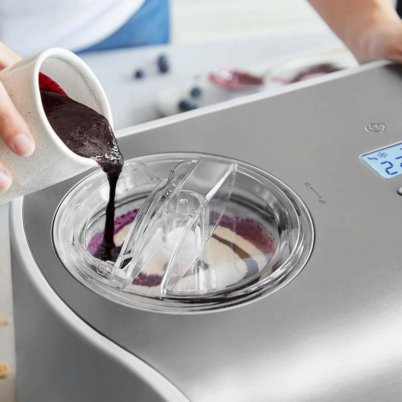 SPRINGLANE Máquina de Hacer Helados con Compresor de 1,2 litros ELLI, Recetas incluidas, Heladera de acero para yogur, Sorbete y Helado, 135 W, display LCD, temporizador, refrigeración