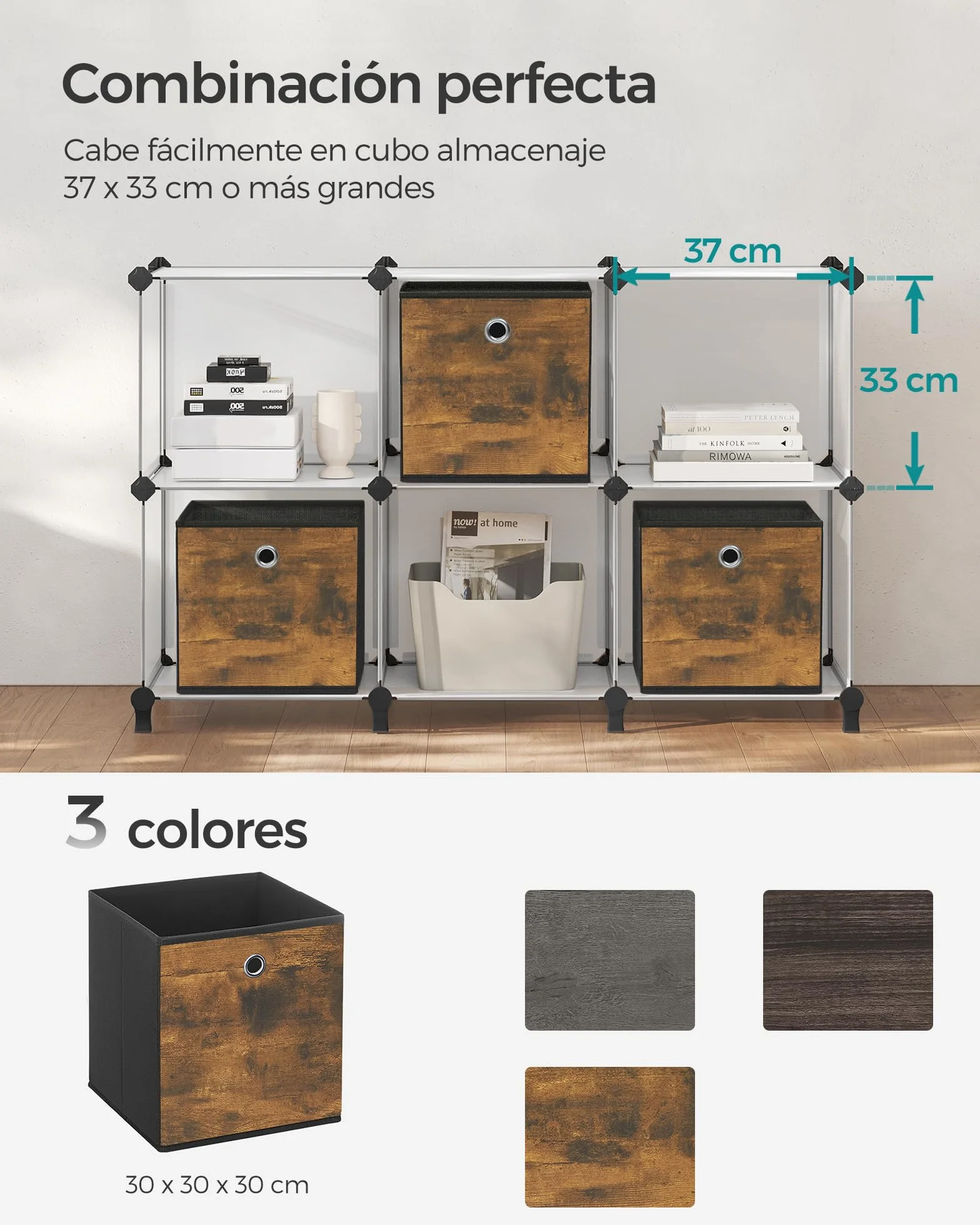 SONGMICS Caja Almacenaje 6 Cajas Almacenamiento Tela Oxford 30x30x30 cm Plegable Marrón Rústico y Negro
