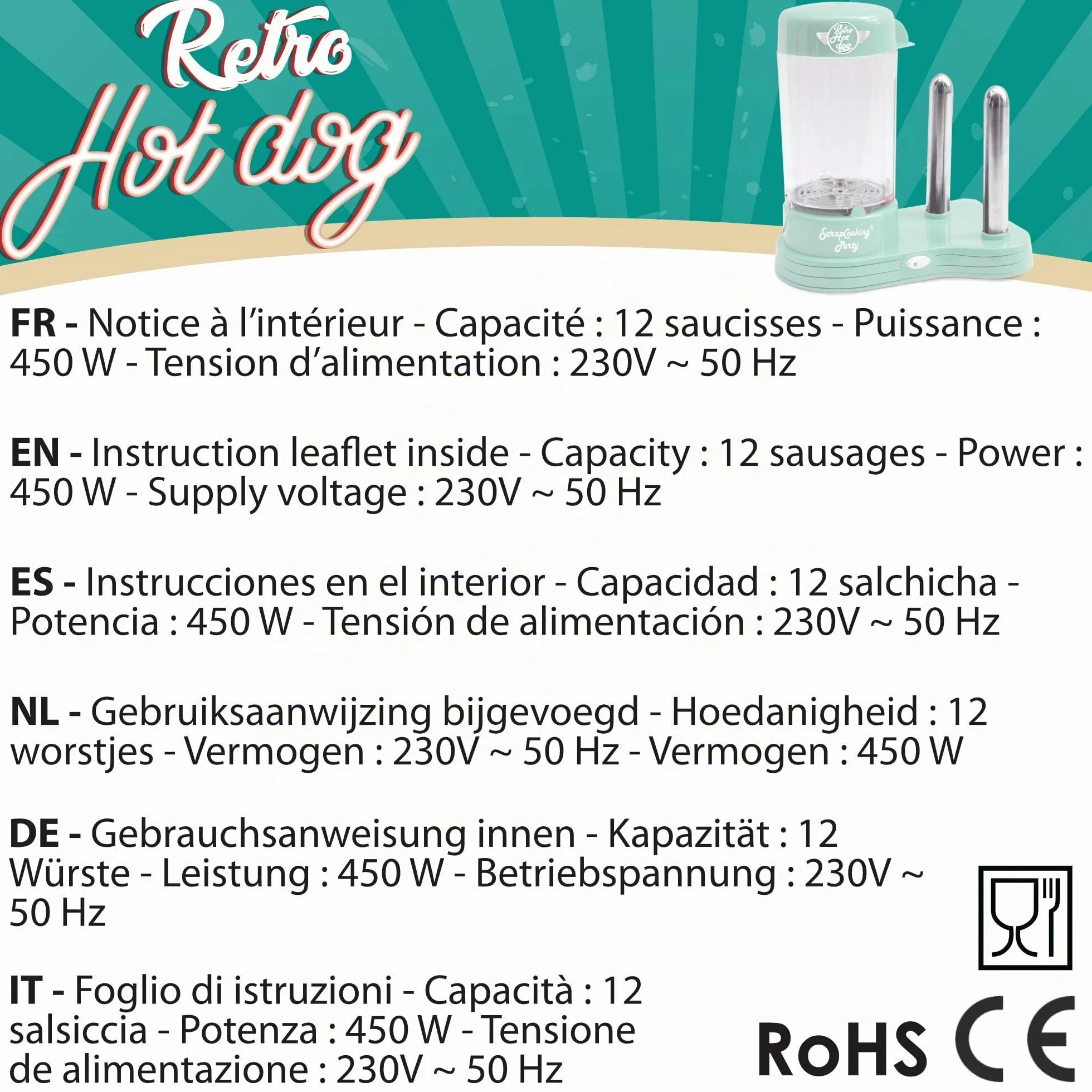 ScrapCooking - Máquina para Perritos Calientes - Máquina para Hacer Auténticos Hot Dogs U.S. - Capacidad para 12 Salchichas y 2 Panes - Estilo Retro Vintage para Fiestas, Barbacoas - Verde - 0601