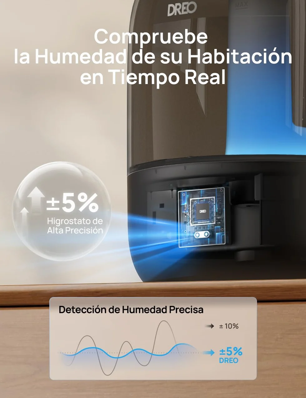 DREO Humidificador Ultrasónico 3L 26dB Silencioso con Sensor de Humedad, Niebla Fría, 30h, Boquilla 360°, Negro