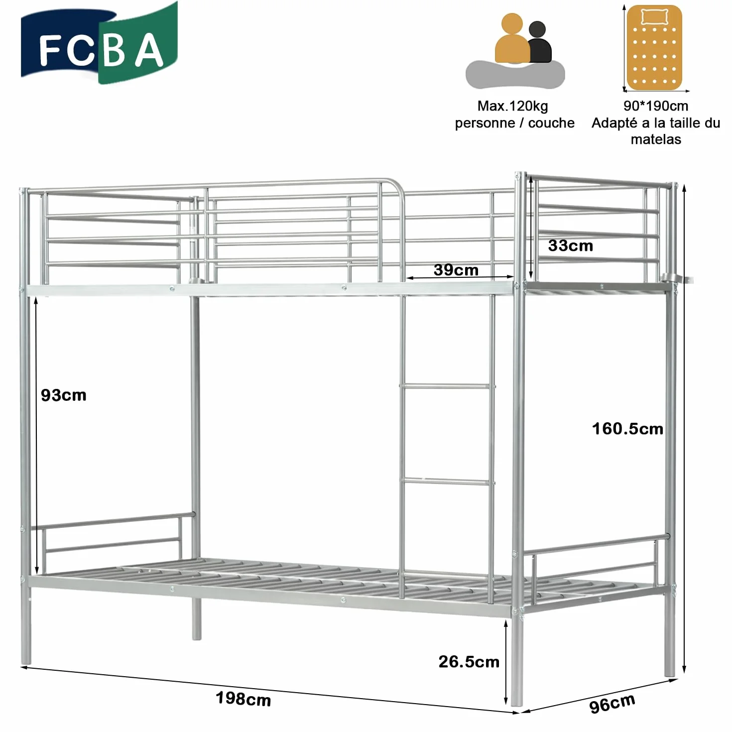 MEUBLE Cosy Litera Marco de Cama Infantil 90x190cm de Metal con Escalera y Somier de Listones Estructura Tubular para Niño Dormitorio Casa, Estilo Industrial, Gris
