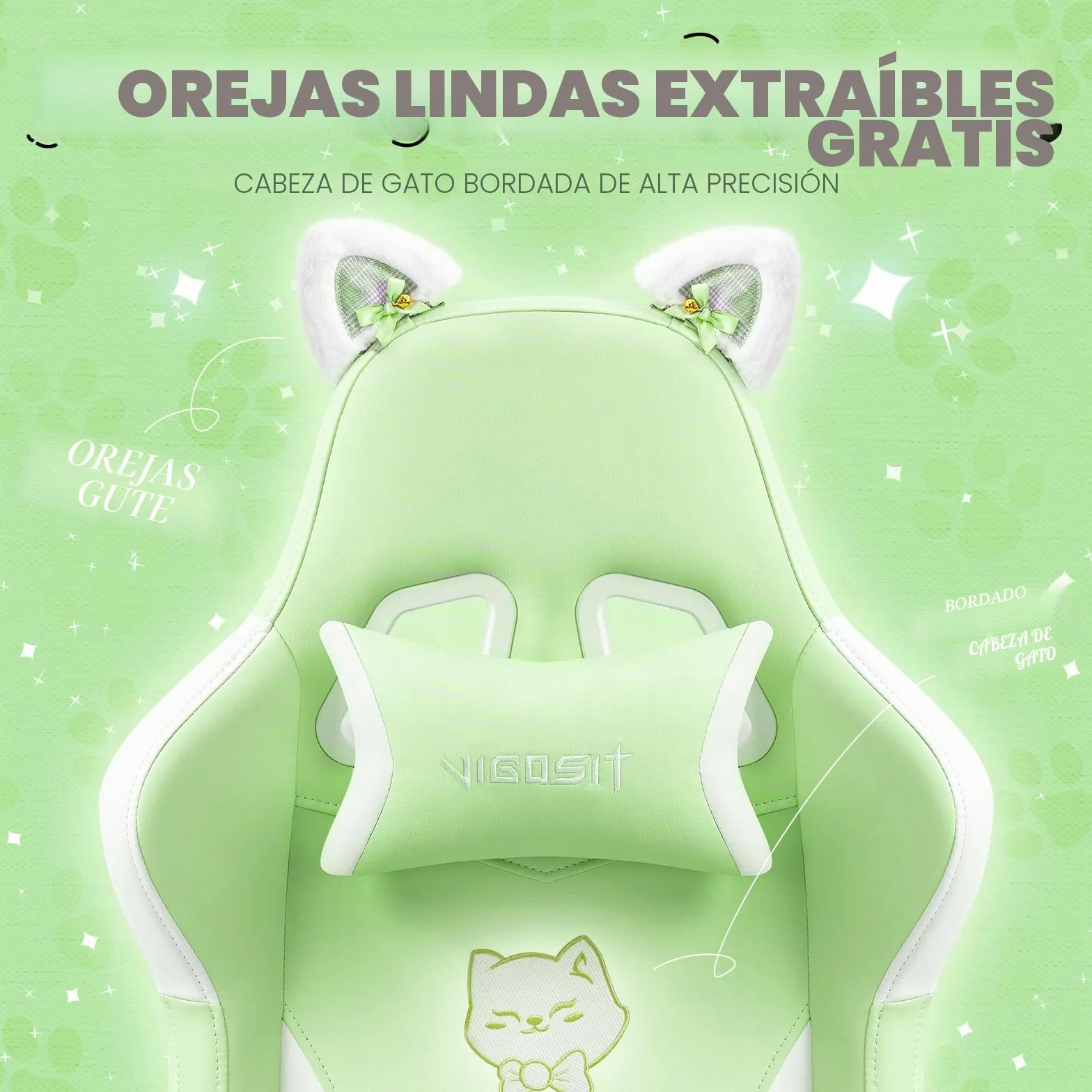 Vigosit Silla de juegos linda con cojín lumbar de pata de gato y orejas de gato, silla de juegos ergonómica con reposapiés, sillón de PC ajustable para niñas, adolescentes, niños, verde