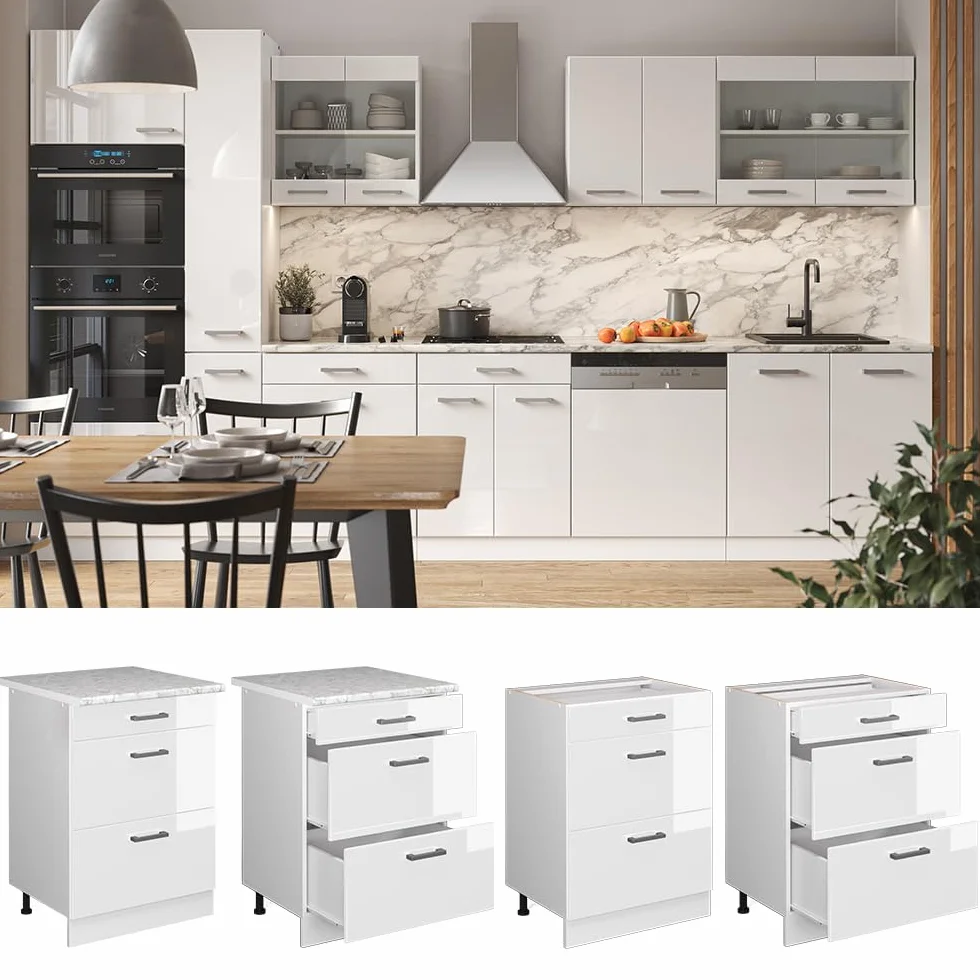 Vicco Mueble bajo de Cocina R-Line, Blanco Alto Brillo, 60 cm con cajones, sin encimera, para combinación Libre Dentro de Sistemas de Cocina modulares
