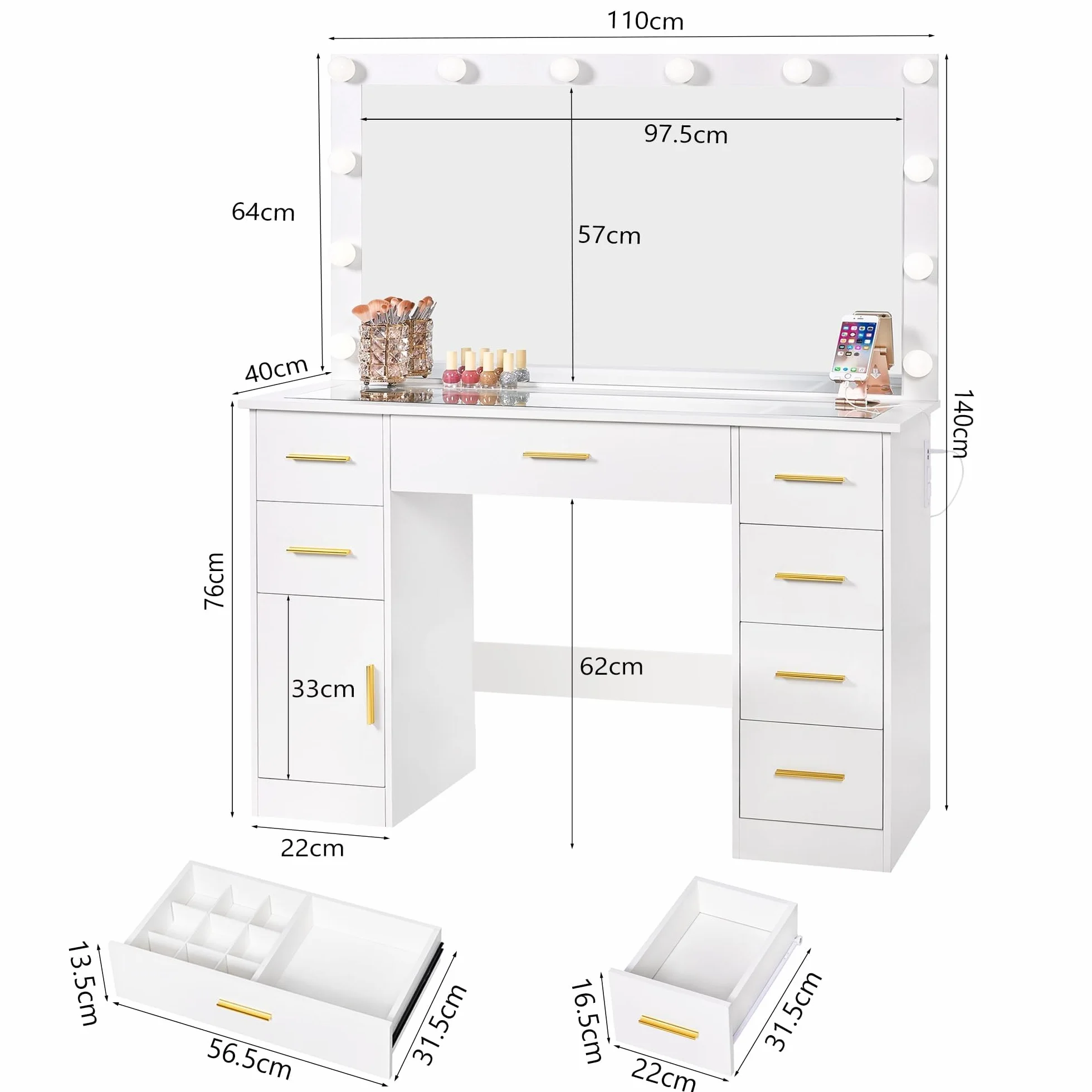 ANWBROAD Tocador de Maquillaje con Luces LED Regulables y Espejo 7 Cajones Blanco 140x110x40cm BDT83W