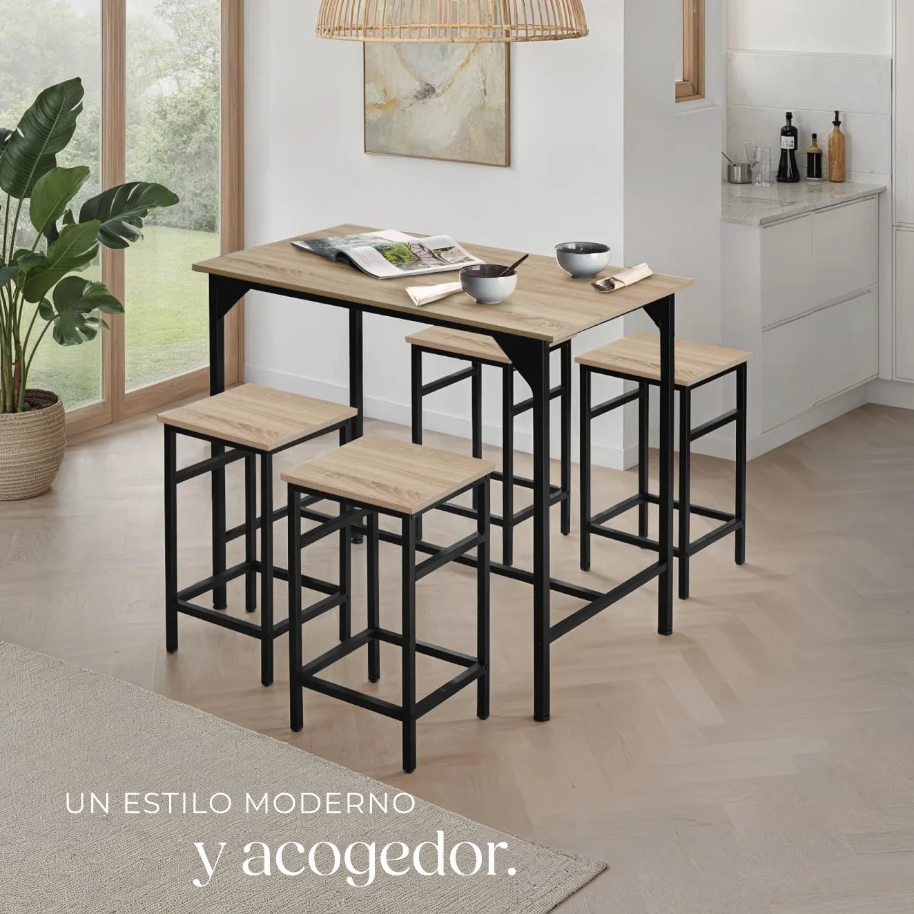 tectake® Mesa Alta de Bar con 4 Taburetes, Mueble de Cocina Estilo Industrial, Diseño Comedor y Mesa Cocina, Muebles de Salon, Taburete - 100 x 124 x 88,5 cm Madera Industrial Clara, Roble Sonoma