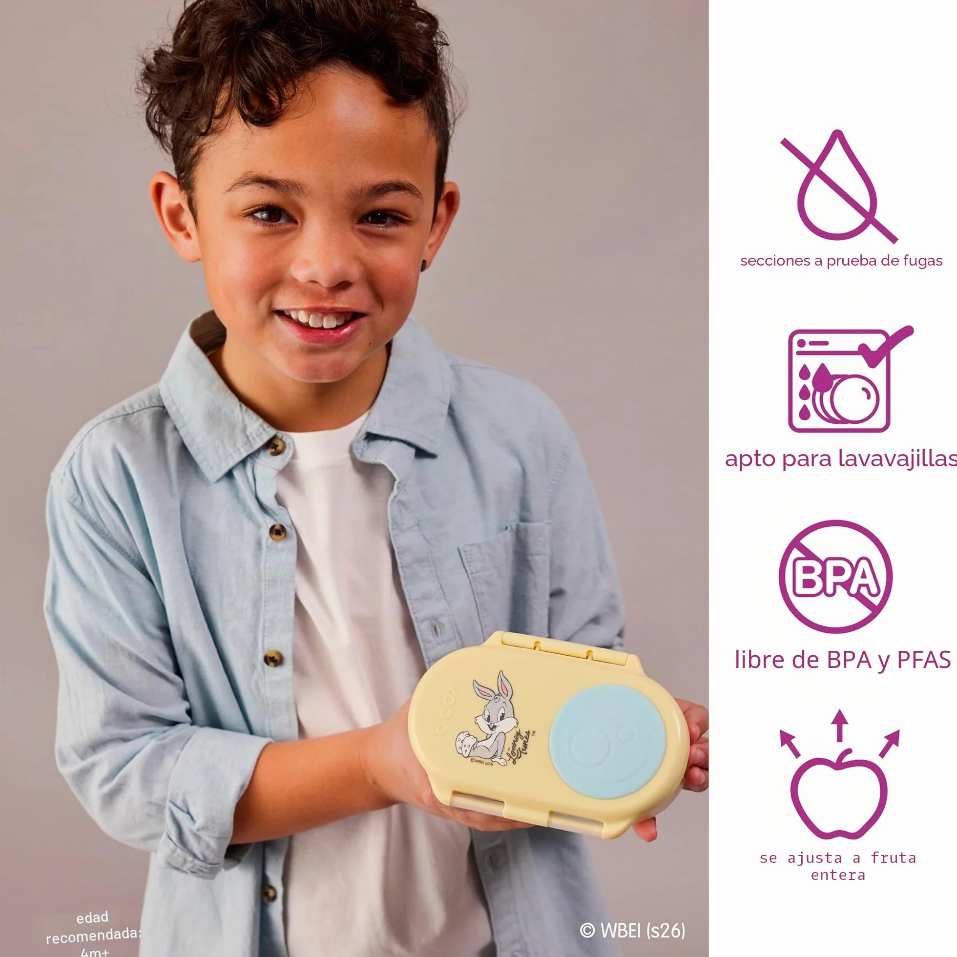 b.box Looney Tunes Fiambrera Infantil con Compartimentos | Bento Box Infantil Mini con 2 Compartimentos Herméticos | Caja de Almuerzo y Picoteo para Niños | Cabe 1 Fruta Entera | Sin BPA