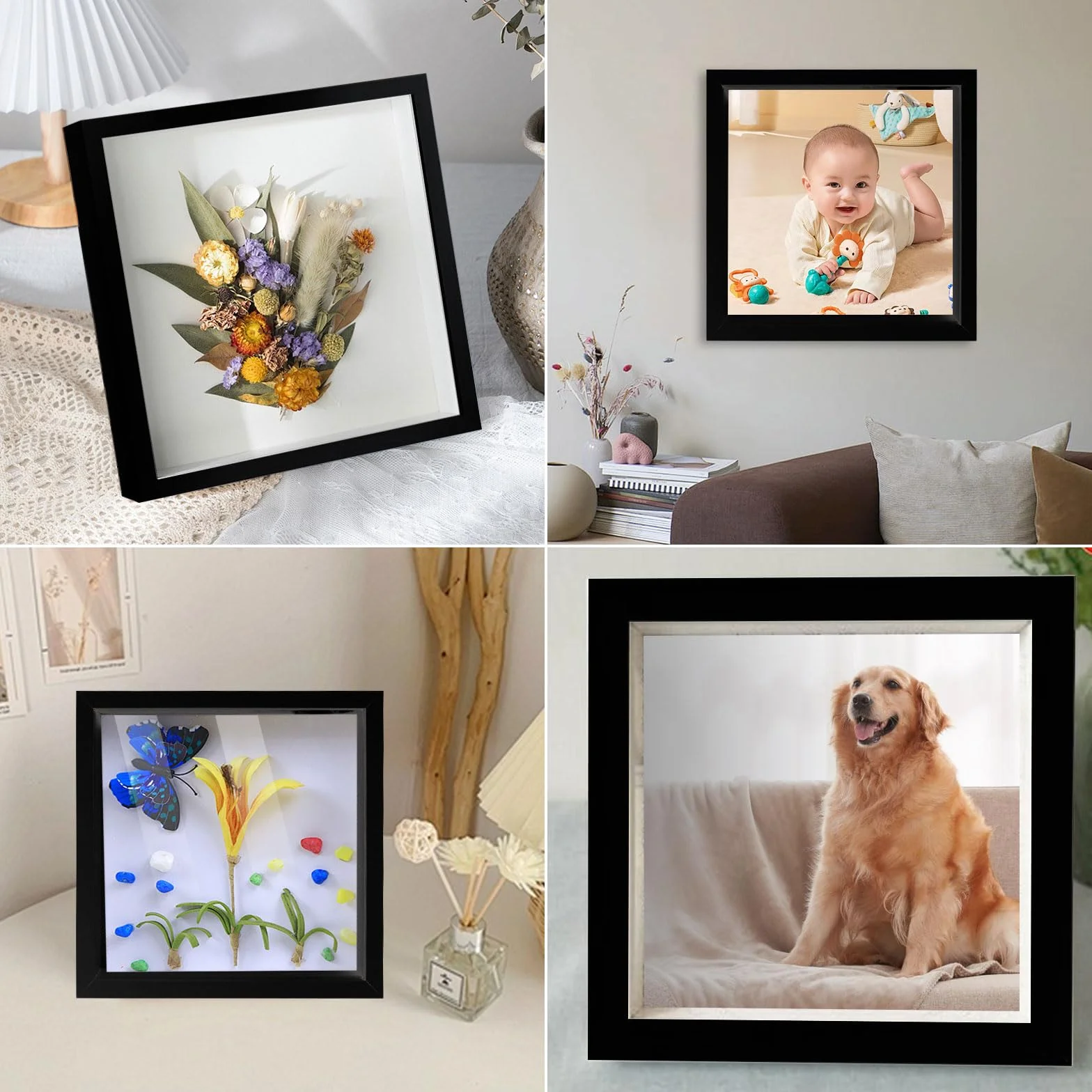 3D Marco de Fotos, 2 Piezas Marcos con Profundidad 20x20 cm, Marco de Objeto Rellenable Forma Cuadrada para Medallas Flores Secas Souvenirs Fotografías, Marcos con Profundidad 3cm(Negro)
