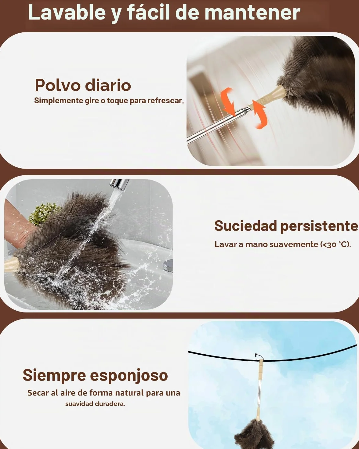 Plumero Atrapapolvo de Plumas de Avestruz Telescópico 130 cm Lavable