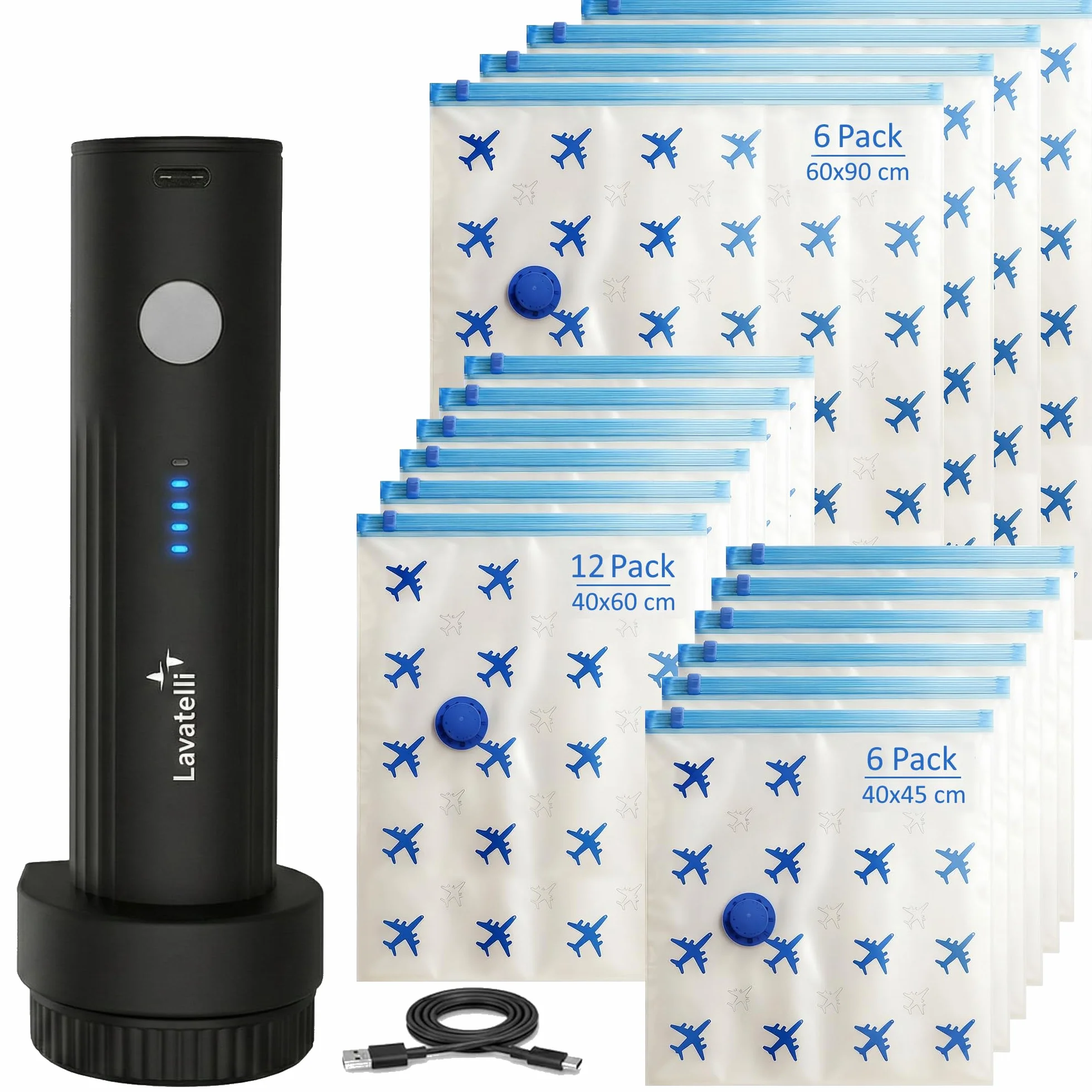 Lavatelli Bolsas de Vacío + Bomba Inalámbrica, Pack de 24, 3 Tamaños, USB-C | 6 S 40x45, 12 M 40x60, 6 L 60x90 cm; bomba inalámbrica USB-C, reutilizables, doble cierre y válvula, set maxi
