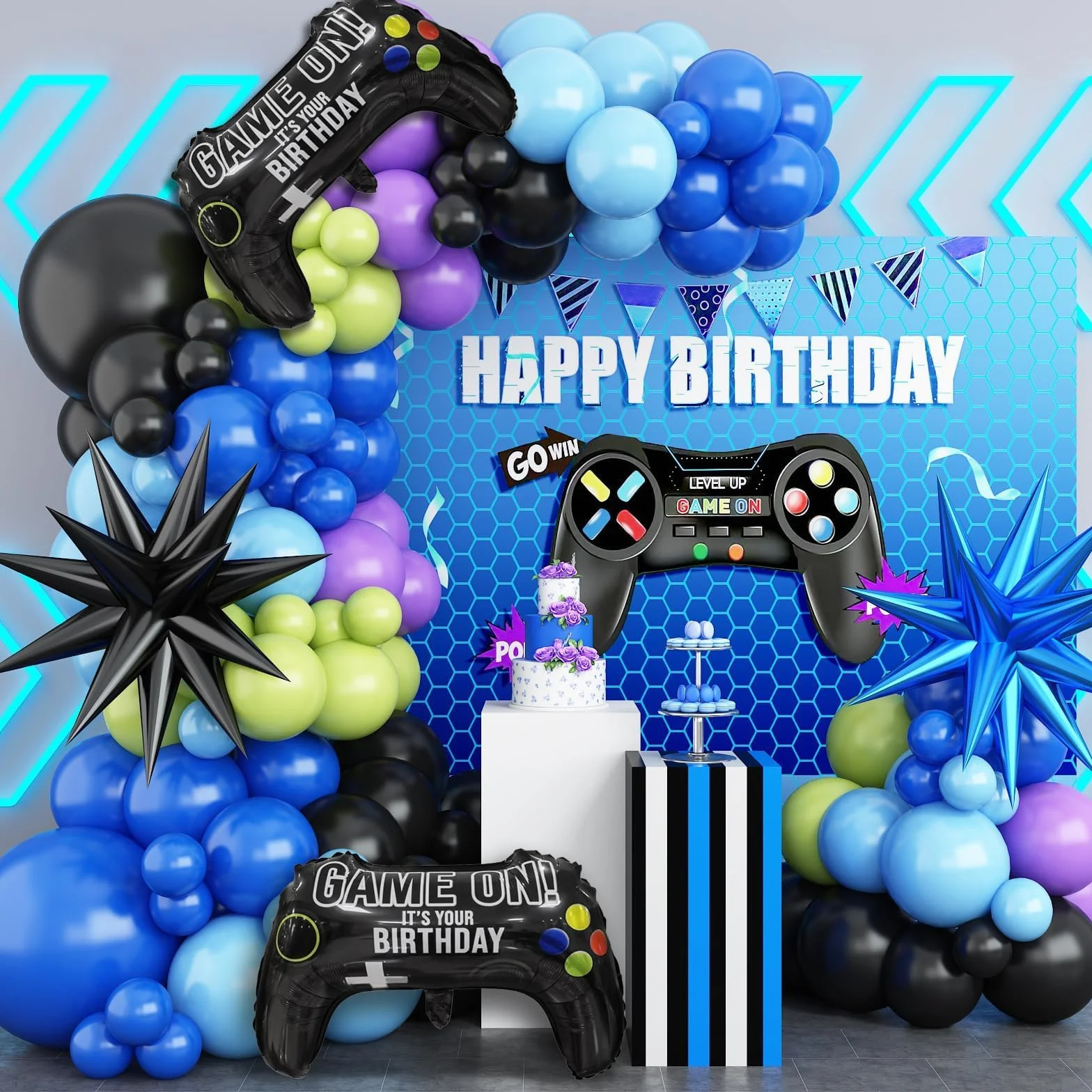 Kit de guirnalda de arco de globos de videojuegos, globos de fiesta azul, morado, verde, negro, con 2 globos de aluminio con mango de juego para temática de videojuegos, fiesta de cumpleaños,