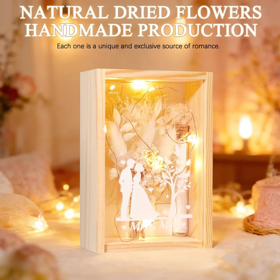 Caja Regalo Boda Madera con Flores Secas y Luces