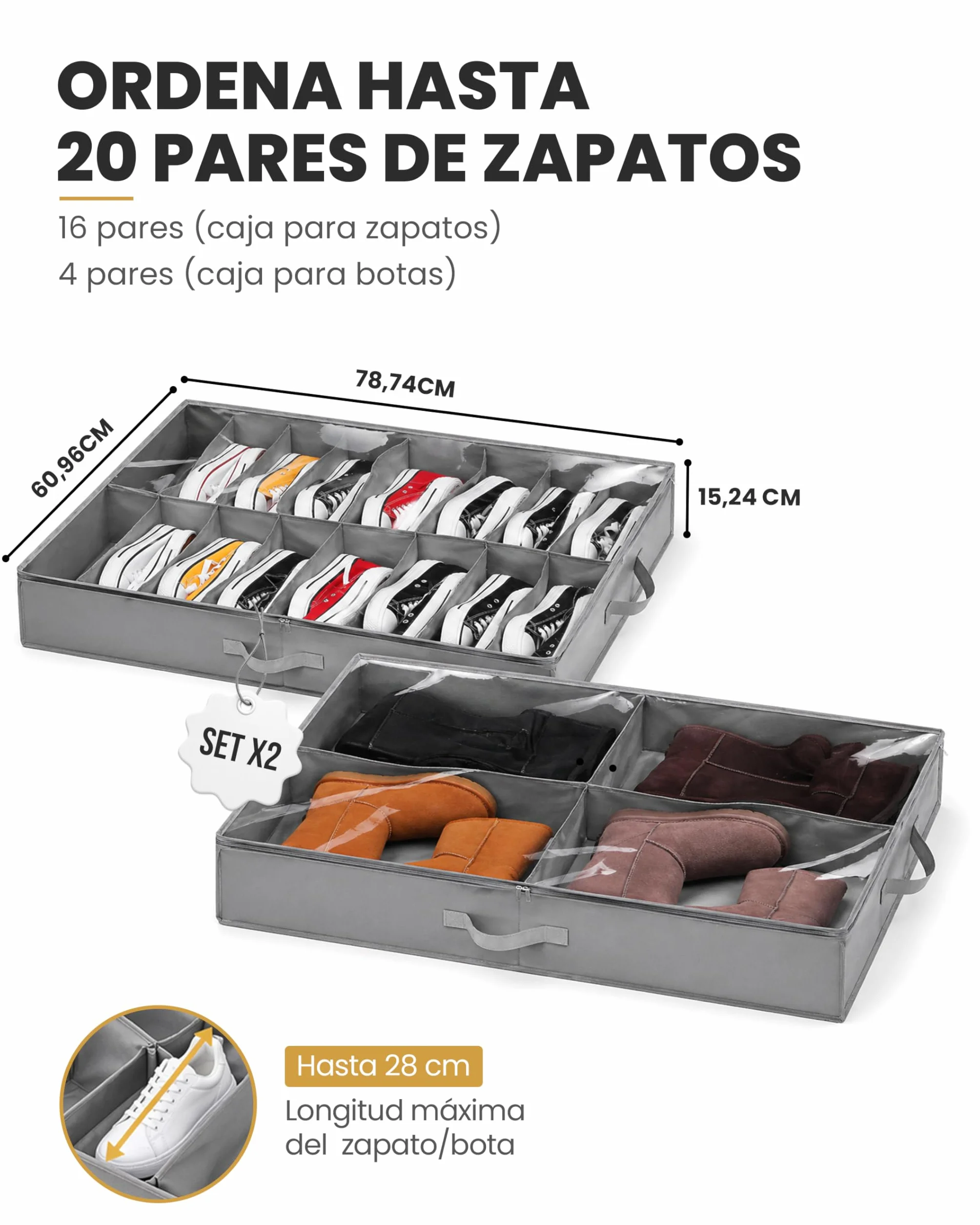 Organizadores de Zapatos Debajo de la Cama, Cajas de Almacenaje de Tela no Tejida, Plegables con Tapa Transparente de PVC y 3 Asas