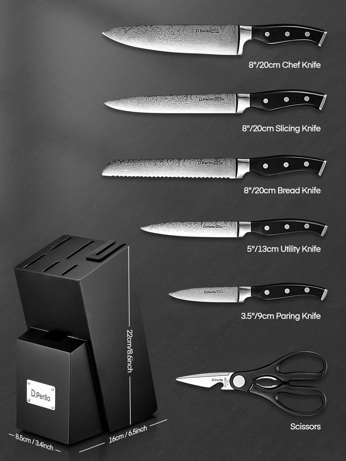 D.Perlla Juego de Cuchillos de Cocina de Acero Inoxidable de 7 Piezas con Afilador Incorporado, Negro