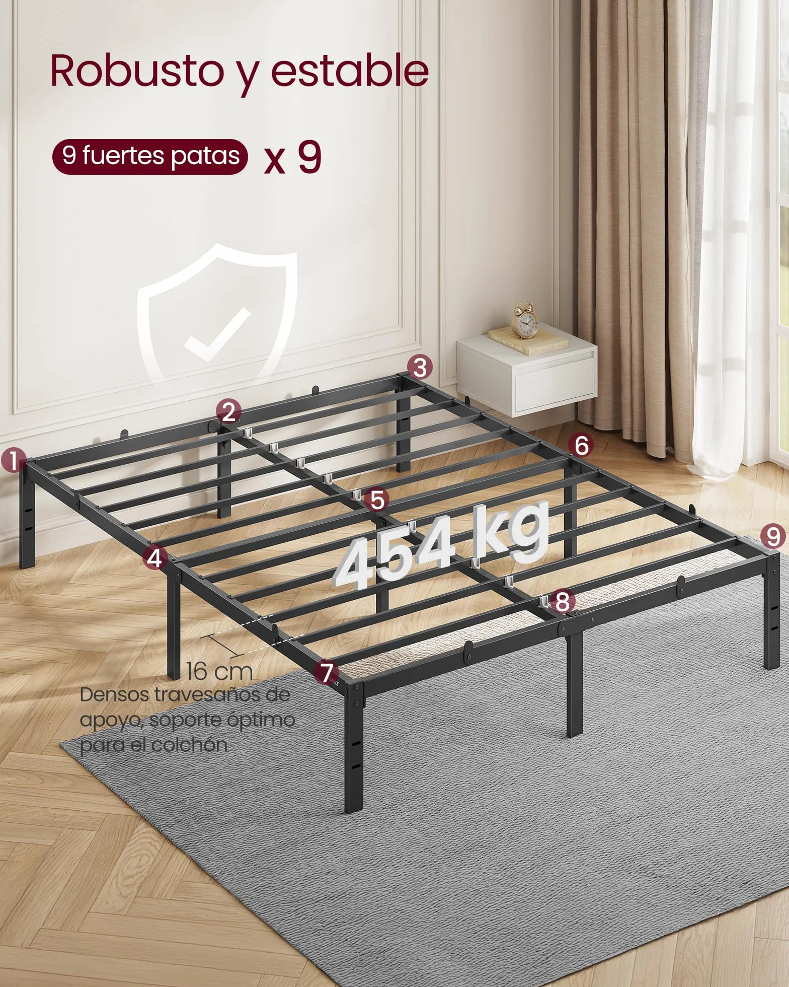 VASAGLE Marco de Cama Doble, para Colchón de 135 x 190 cm, de Metal, Organización del Espacio, Moderno, para Invitados, Fácil Montaje, Negro Tinta RMB136B01