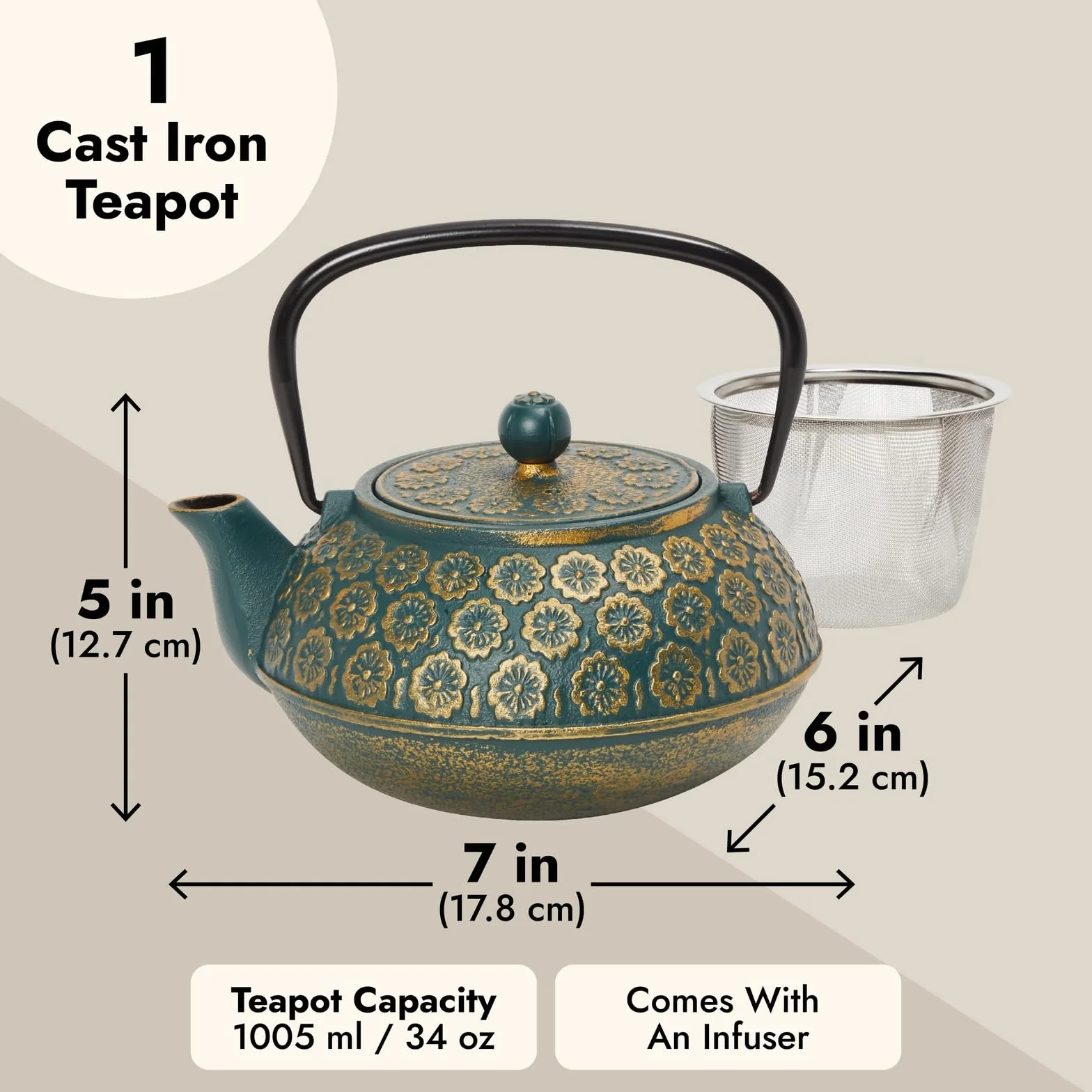 Tetera de hierro fundido verde con infusor de acero inoxidable 1 Litro
