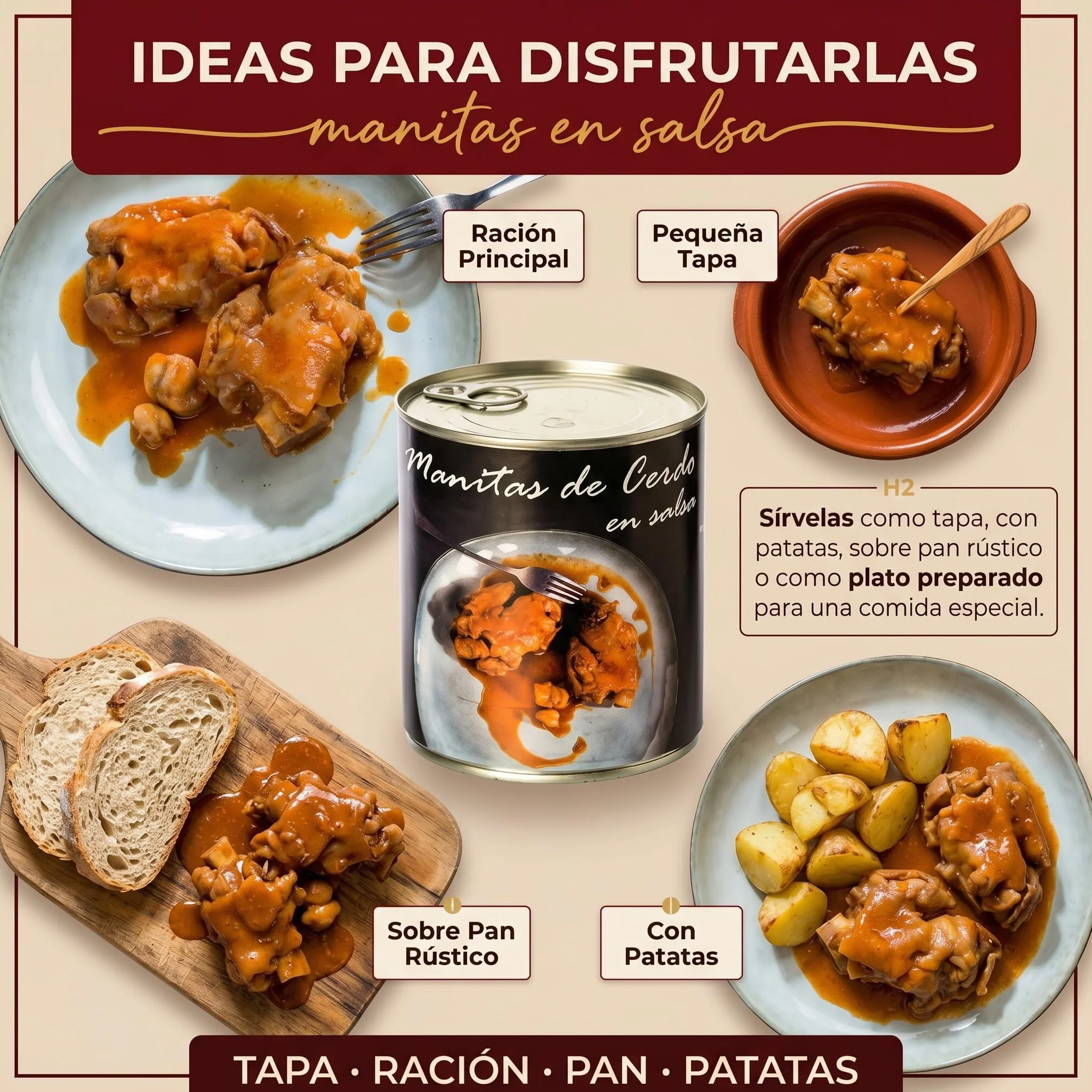 POLGRI Manitas de Cerdo en Salsa 800g Guisadas Receta Tradicional La Mancha Colageno Natural